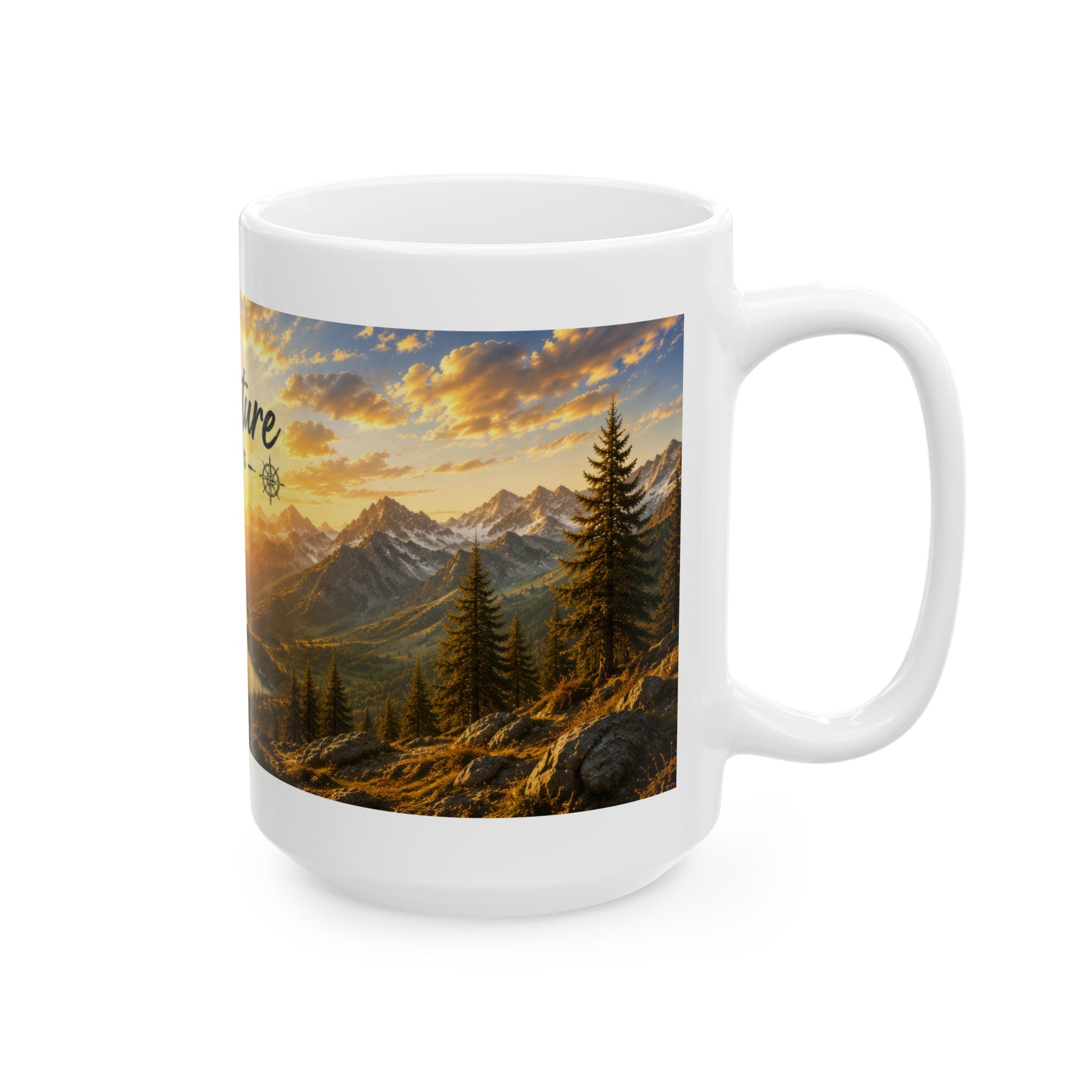 Adventure Ceramic Mug (11oz, 15oz) | Mountain Sunrise Coffee Mug | Planet of Thoughts