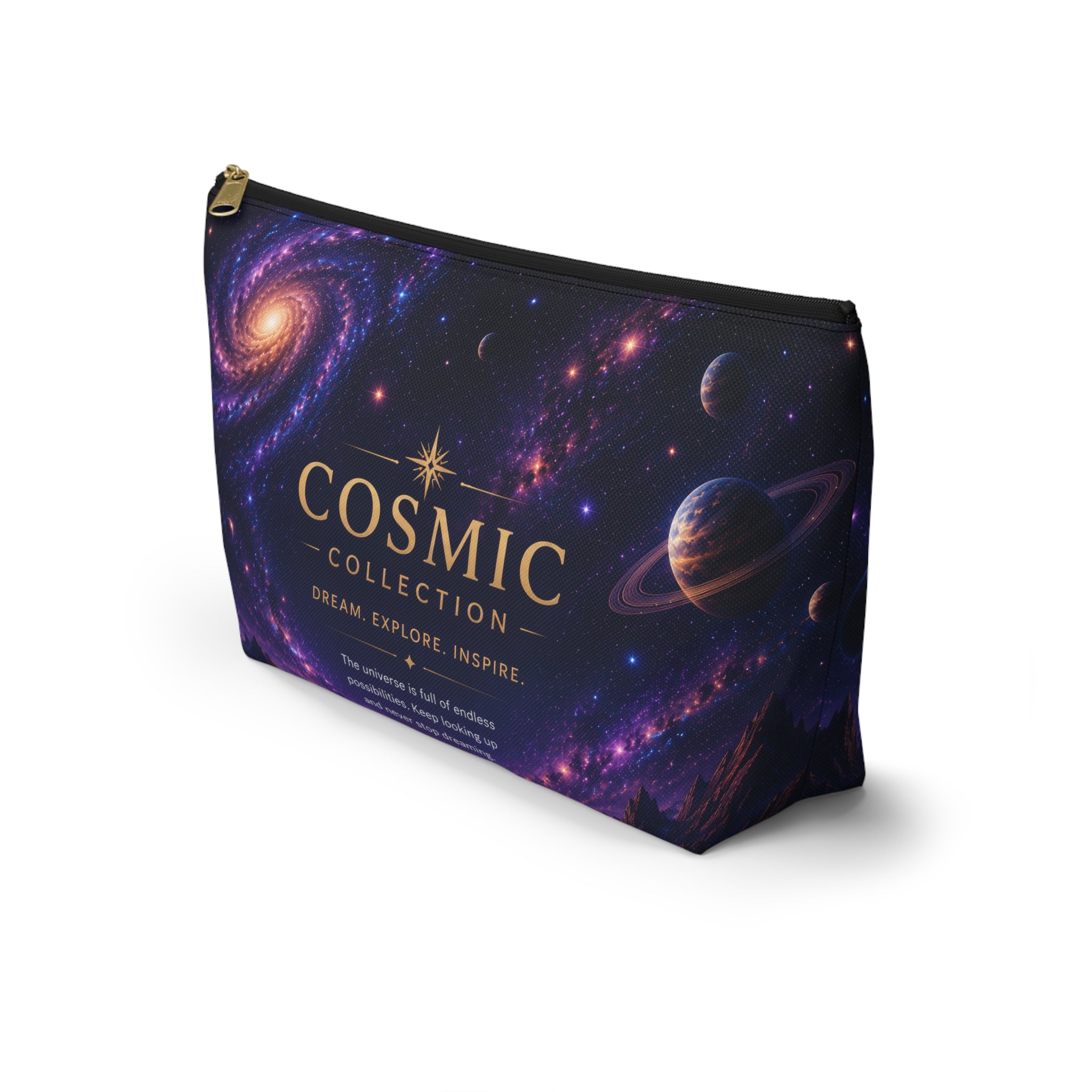Cosmic Collection Accessory Pouch — Galaxy Print T-Bottom Makeup Bag ("COSMIC" Text)