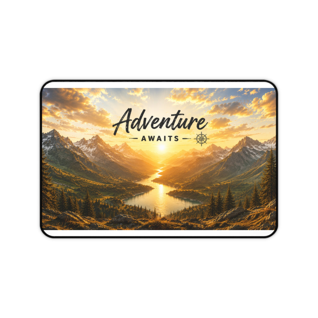 Adventure Awaits Desk Mat – Scenic Sunrise Mountain Mouse Pad | Planet of Thoughts