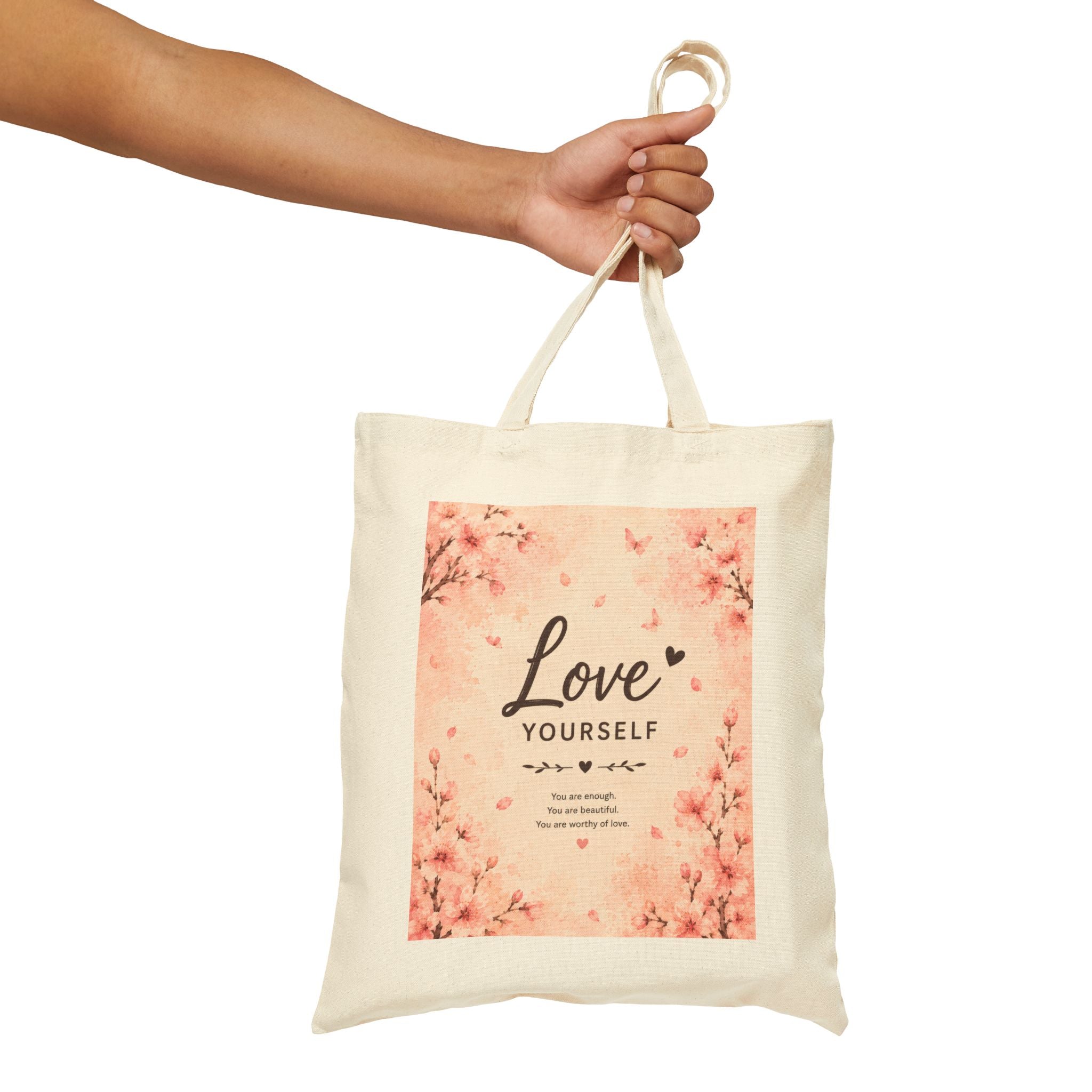 Love Yourself Floral Tote Bag – Self-Care Canvas Shopping Tote