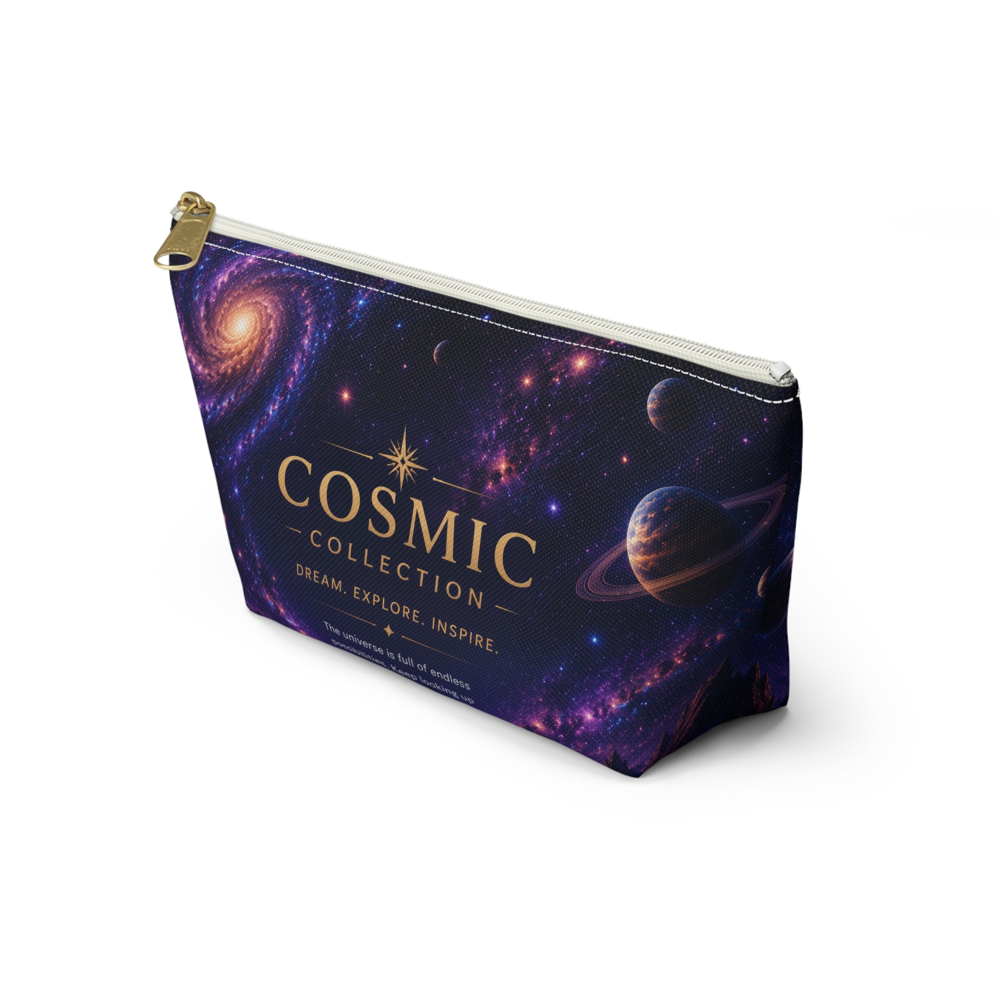 Cosmic Collection Accessory Pouch — Galaxy Print T-Bottom Makeup Bag ("COSMIC" Text)