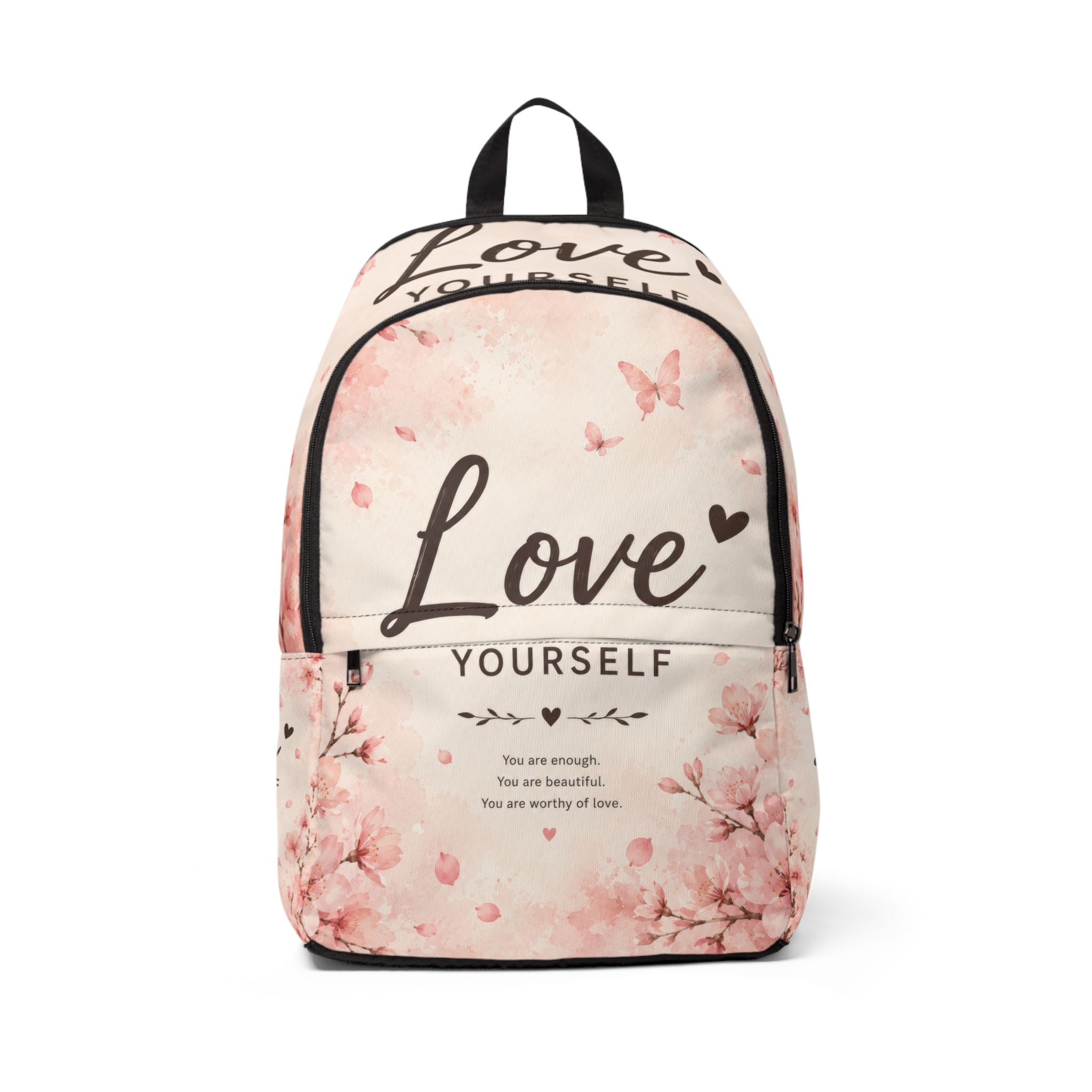 Love Yourself Floral Backpack — Inspirational Cherry Blossom School Bag