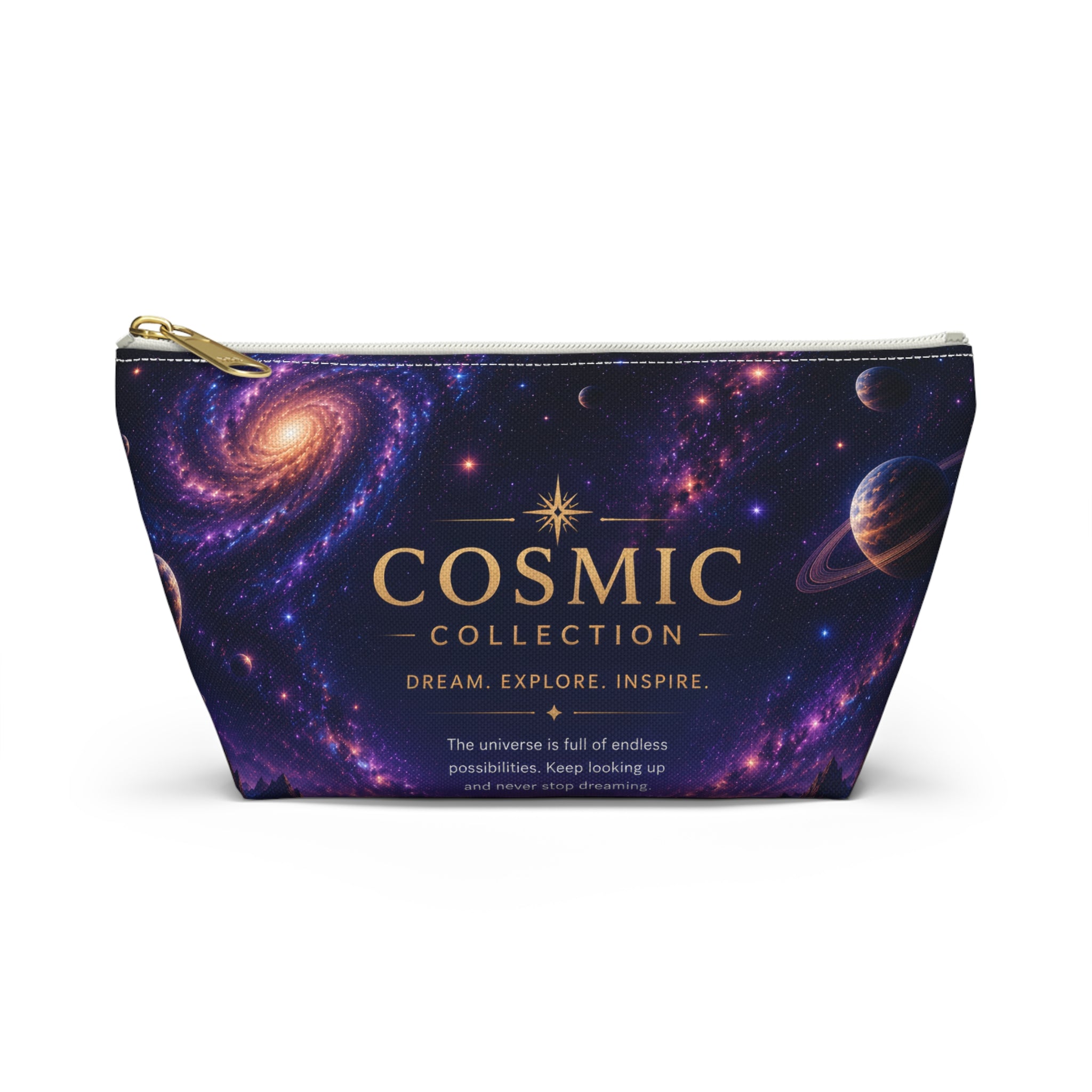 Cosmic Collection Accessory Pouch — Galaxy Print T-Bottom Makeup Bag ("COSMIC" Text)