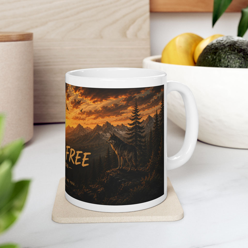 Wild & Free Ceramic Mug (11oz, 15oz) – Sunset Mountain Adventure Coffee Cup | Planet of Thoughts