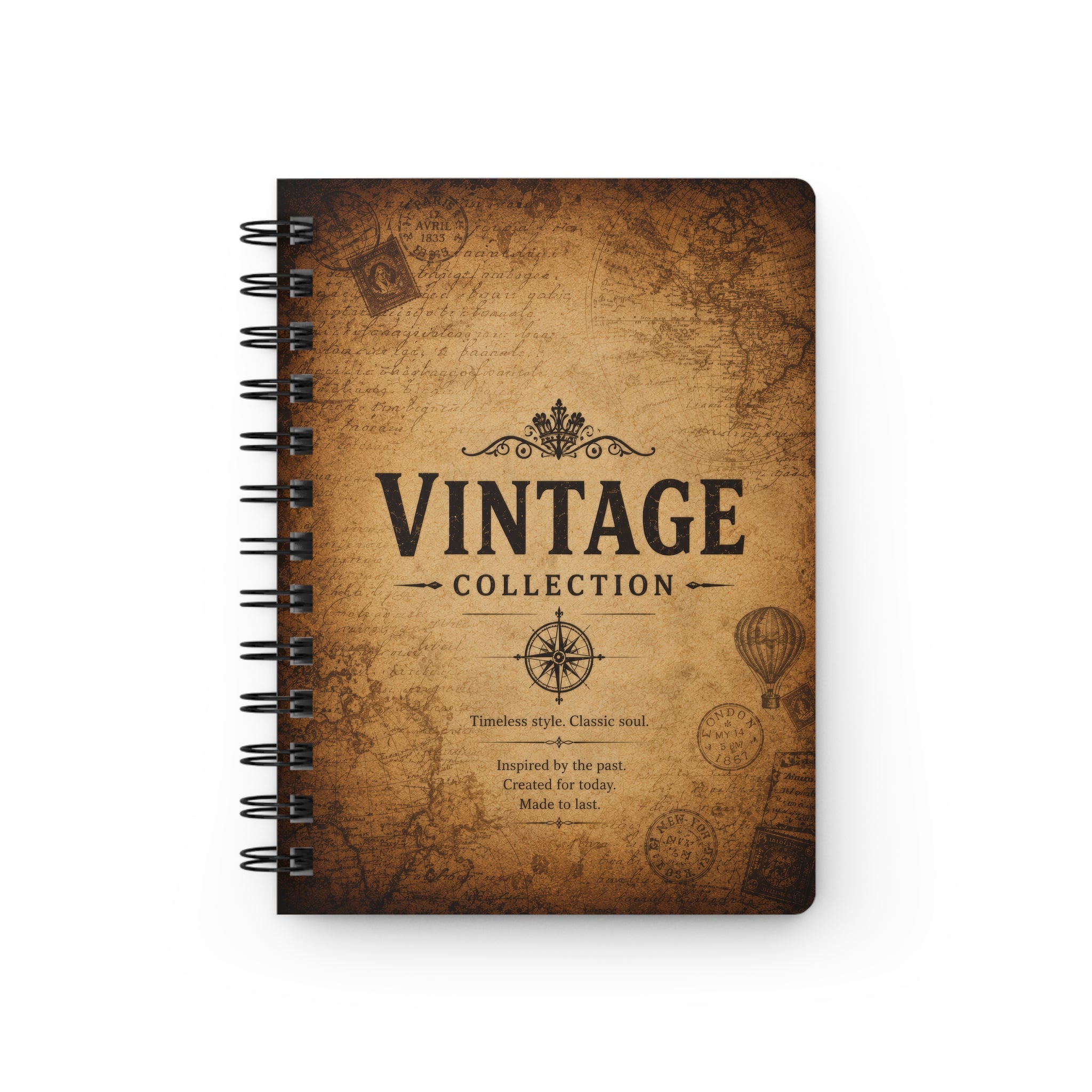 Vintage Spiral Journal – 'Vintage Collection' Travel Notebook, Retro Map & Compass Design
