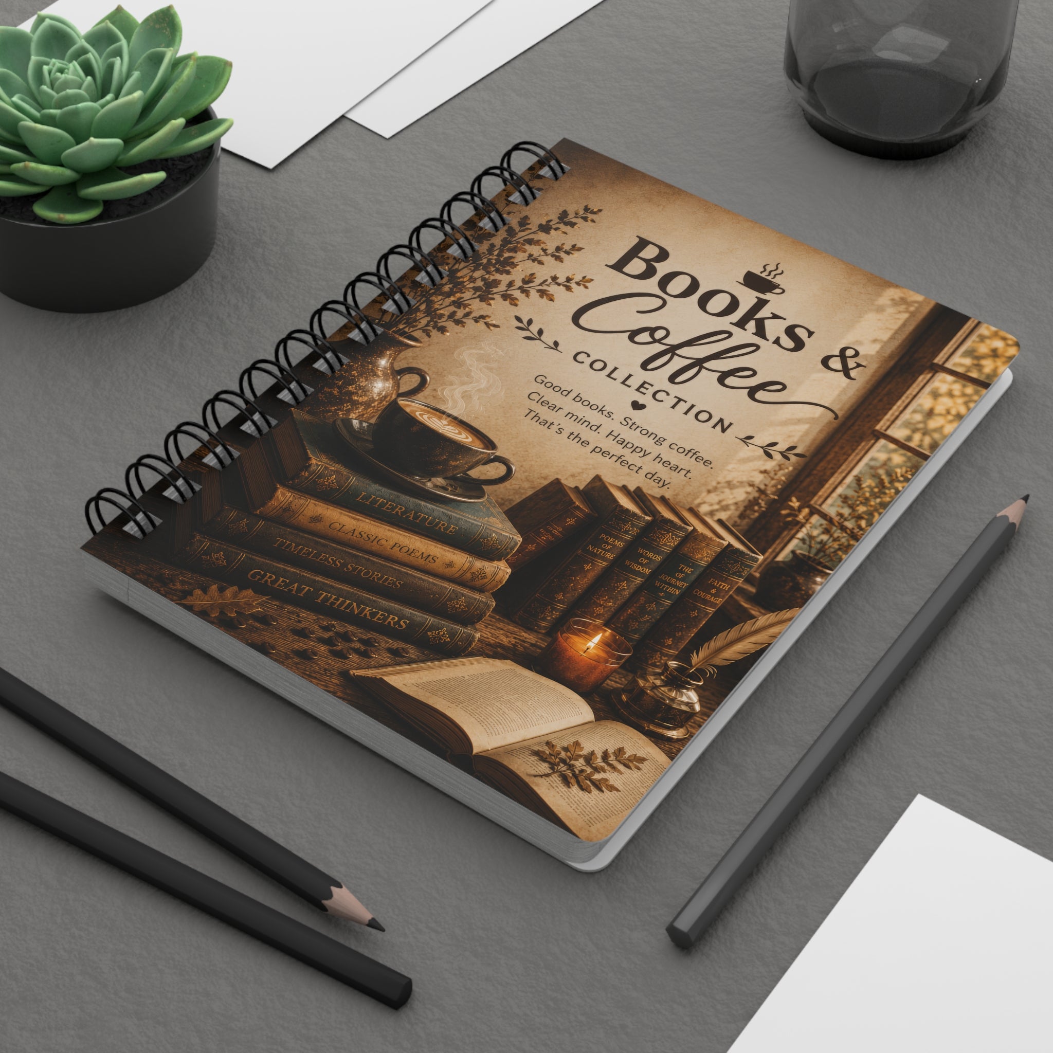 Books & Coffee Spiral Notebook — Vintage Literary Journal for Book Lovers
