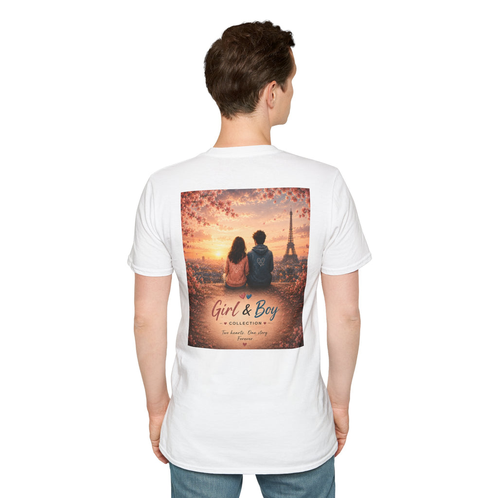 Girl & Boy T-Shirt — Couple in Paris Sunset Eiffel Romance Tee