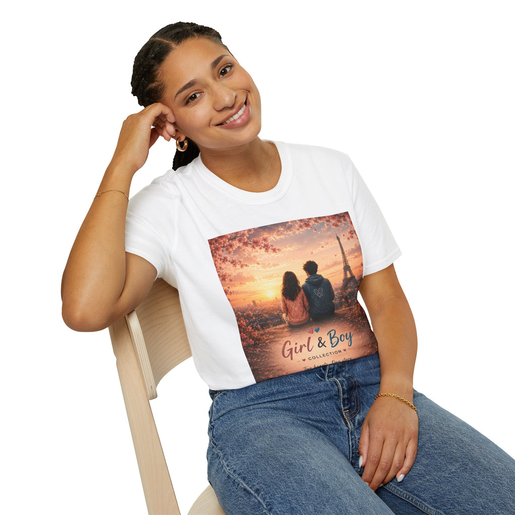 Girl & Boy T-Shirt — Couple in Paris Sunset Eiffel Romance Tee