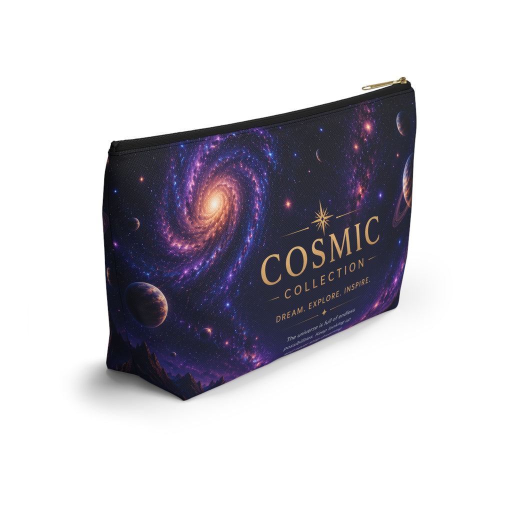 Cosmic Collection Accessory Pouch — Galaxy Print T-Bottom Makeup Bag ("COSMIC" Text)