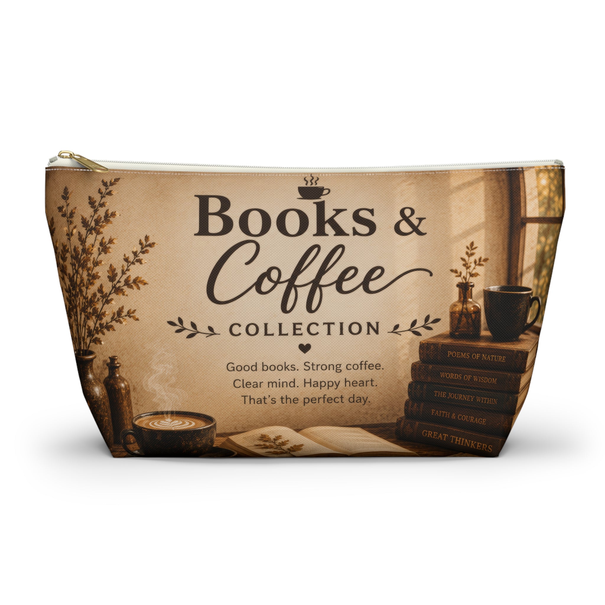 Books & Coffee Accessory Pouch — T-Bottom Makeup Bag for Readers and Coffee Lovers