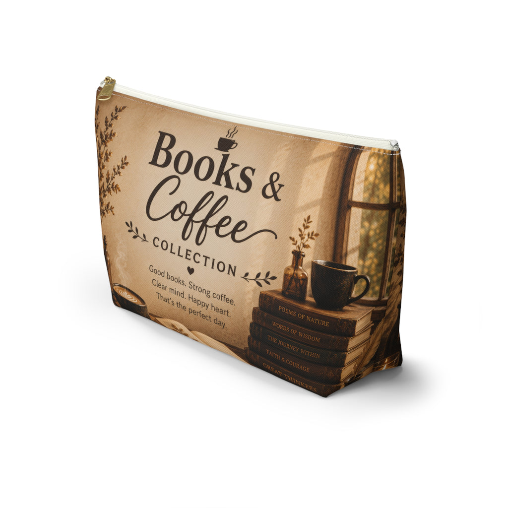 Books & Coffee Accessory Pouch — T-Bottom Makeup Bag for Readers and Coffee Lovers
