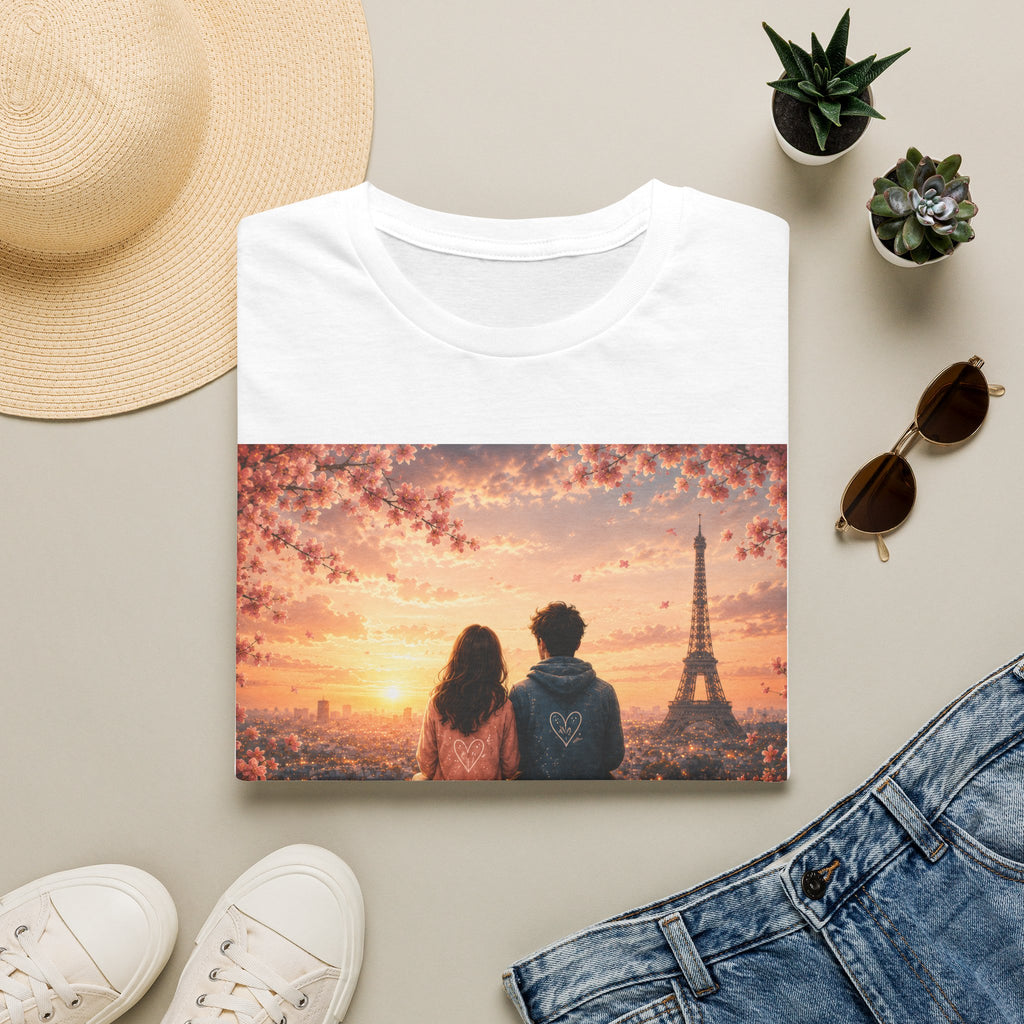 Girl & Boy T-Shirt — Couple in Paris Sunset Eiffel Romance Tee