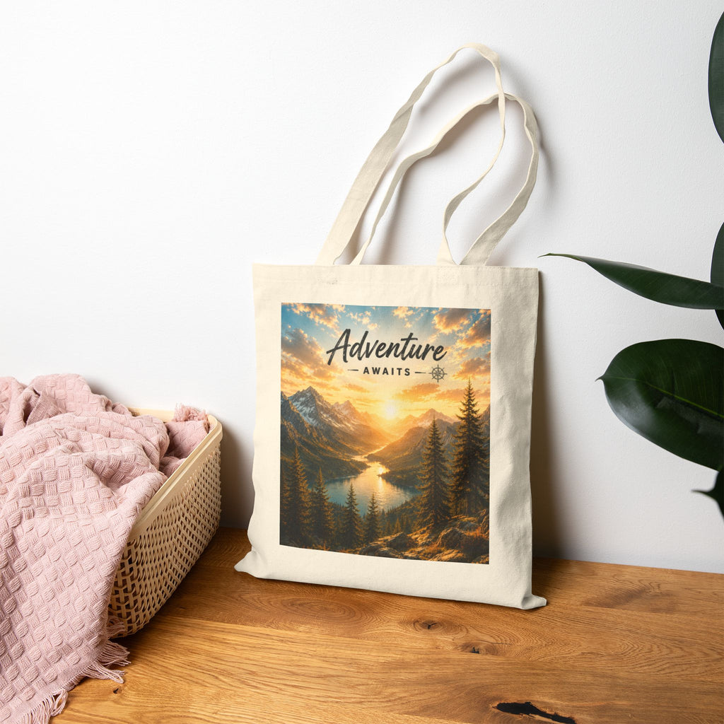 Adventure Awaits Canvas Tote — Scenic Mountain Lake Cotton Bag