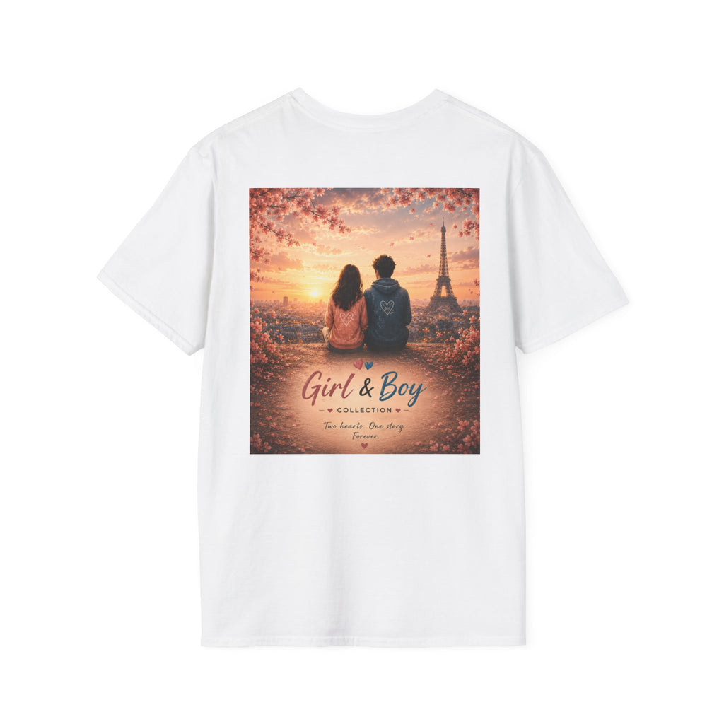 Girl & Boy T-Shirt — Couple in Paris Sunset Eiffel Romance Tee