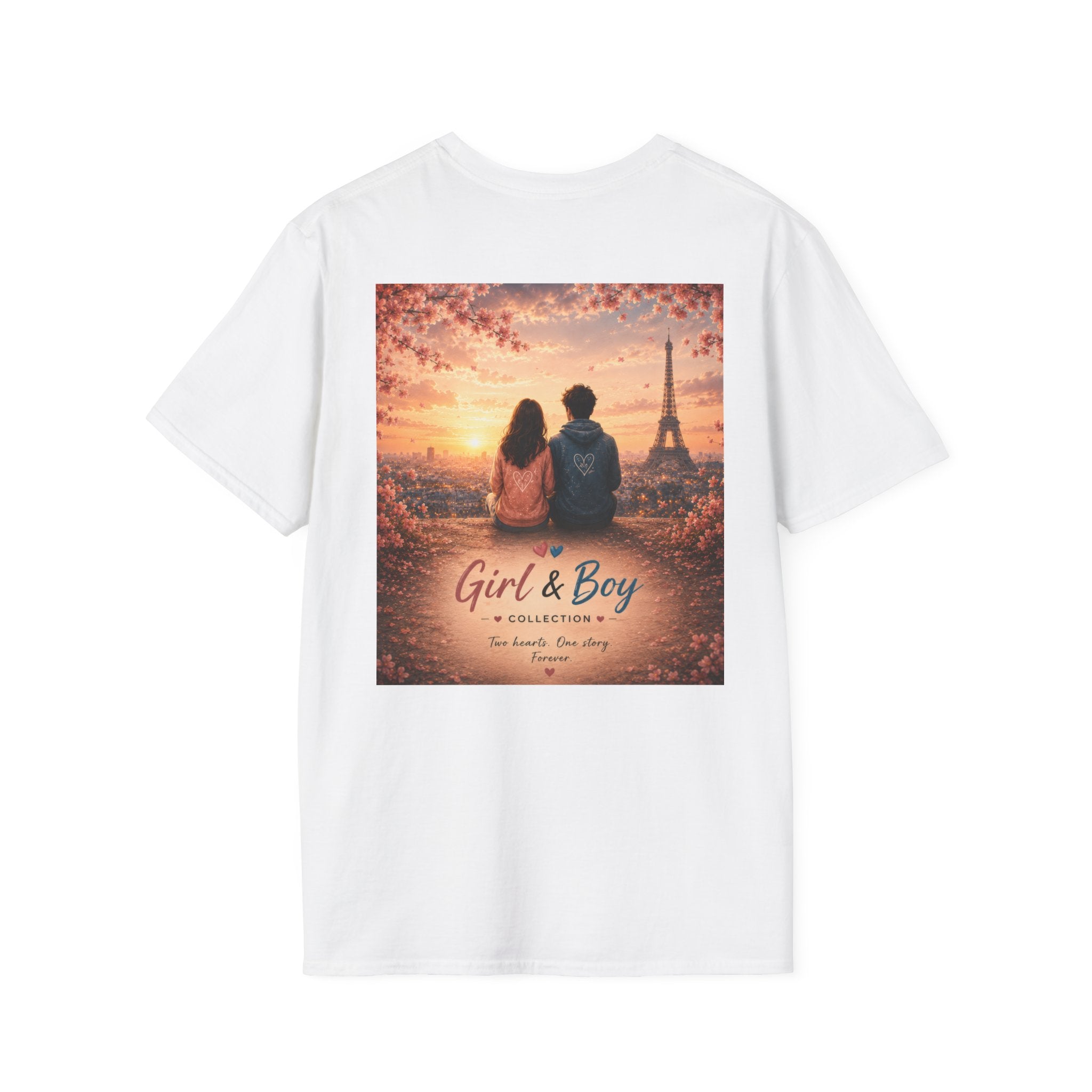 Girl & Boy T-Shirt — Couple in Paris Sunset Eiffel Romance Tee