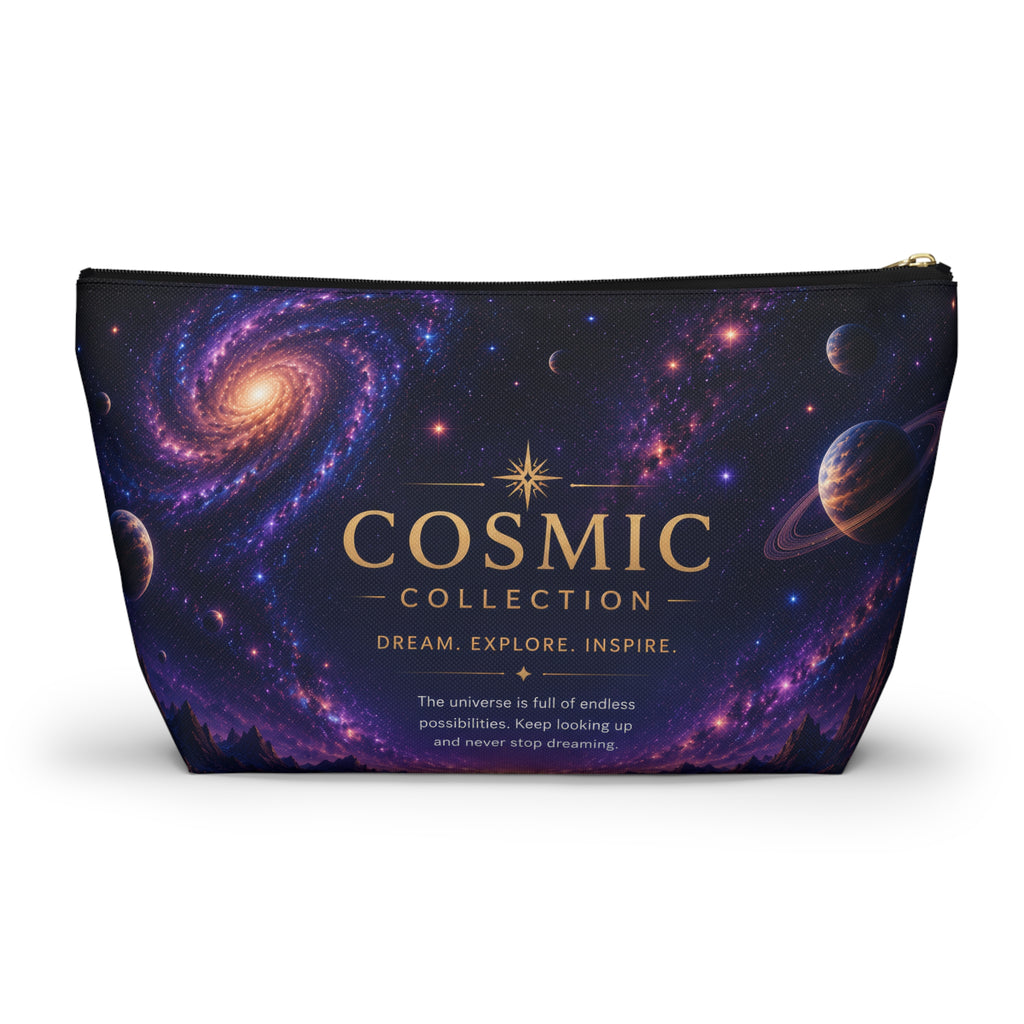Cosmic Collection Accessory Pouch — Galaxy Print T-Bottom Makeup Bag ("COSMIC" Text)