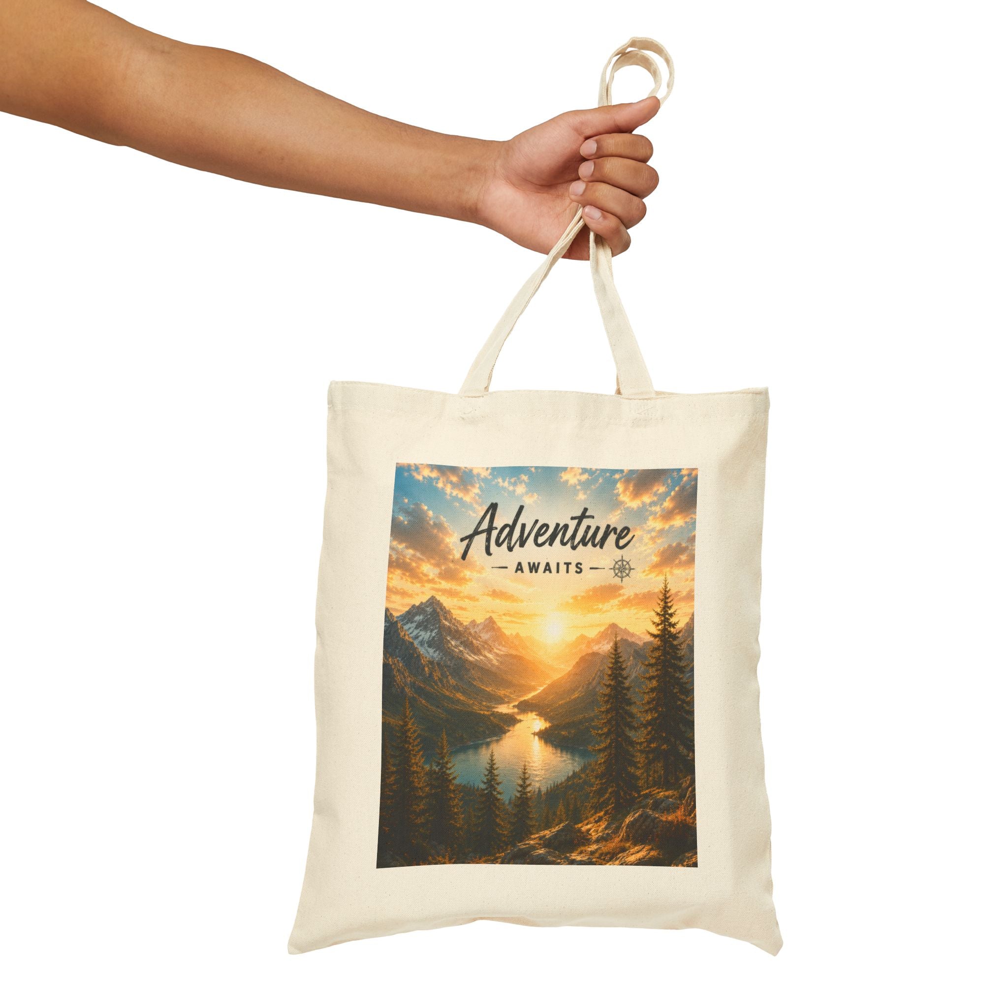 Adventure Awaits Canvas Tote — Scenic Mountain Lake Cotton Bag