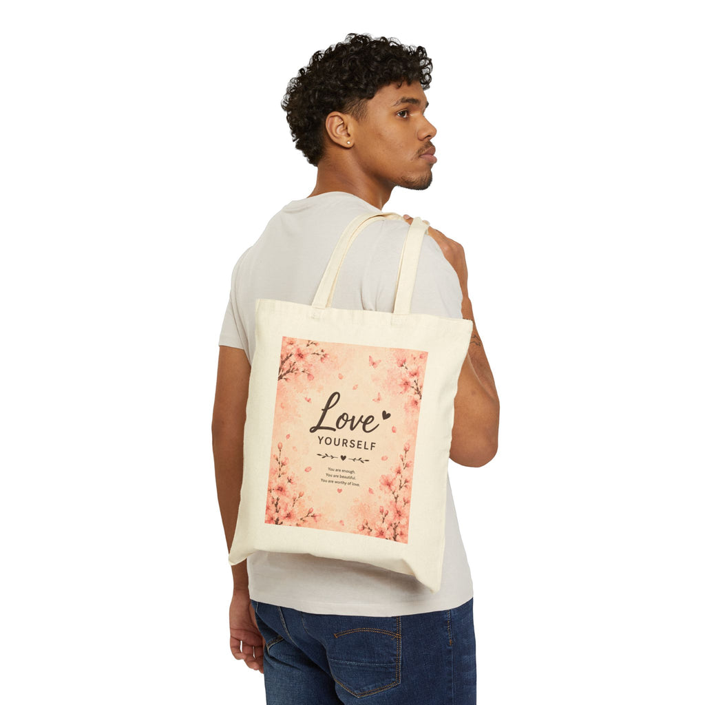 Love Yourself Floral Tote Bag – Self-Care Canvas Shopping Tote