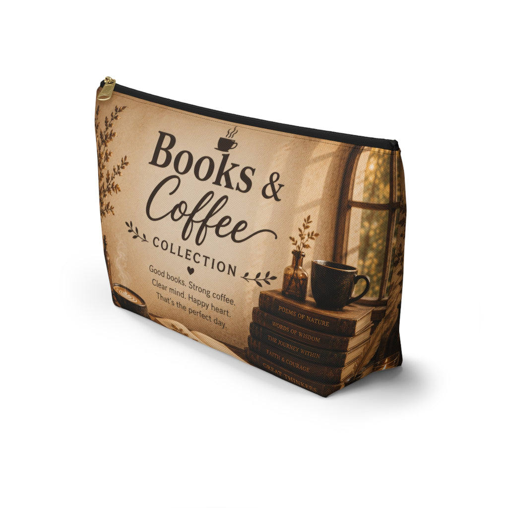 Books & Coffee Accessory Pouch — T-Bottom Makeup Bag for Readers and Coffee Lovers
