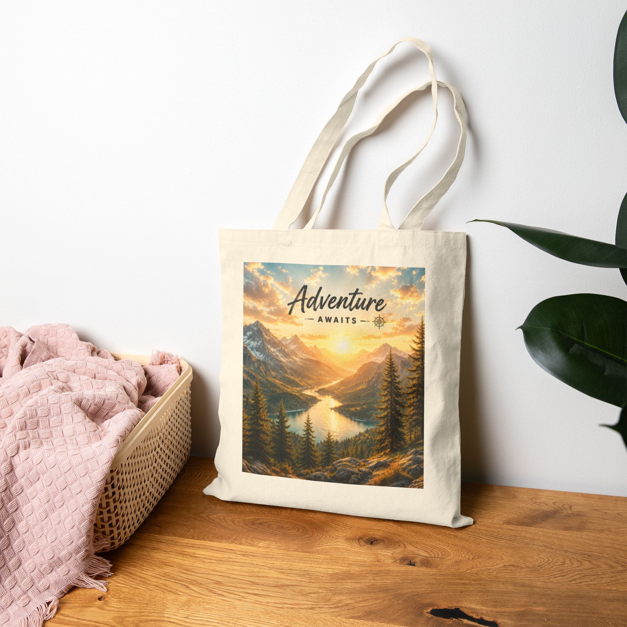 Adventure Awaits Canvas Tote — Scenic Mountain Lake Cotton Bag