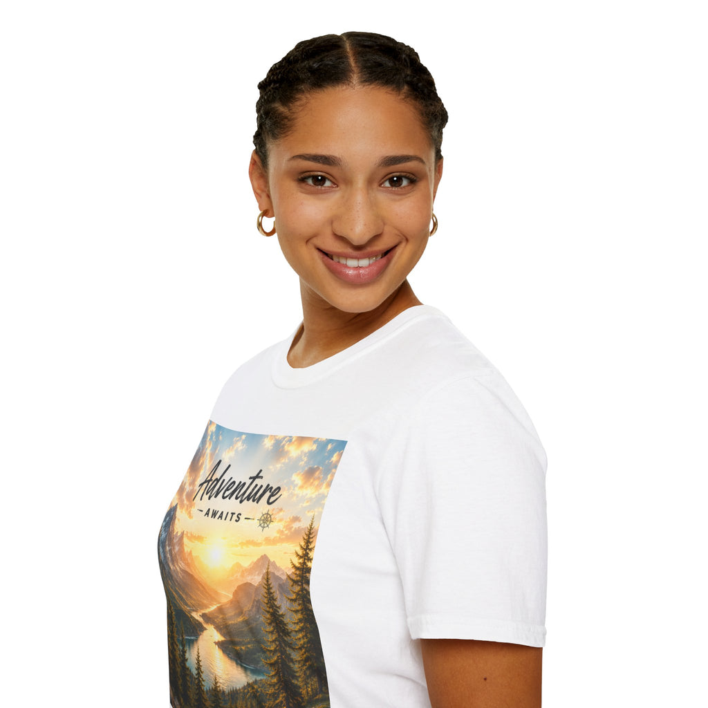 Adventure Awaits T-Shirt — Scenic Mountain Sunset Travel Tee