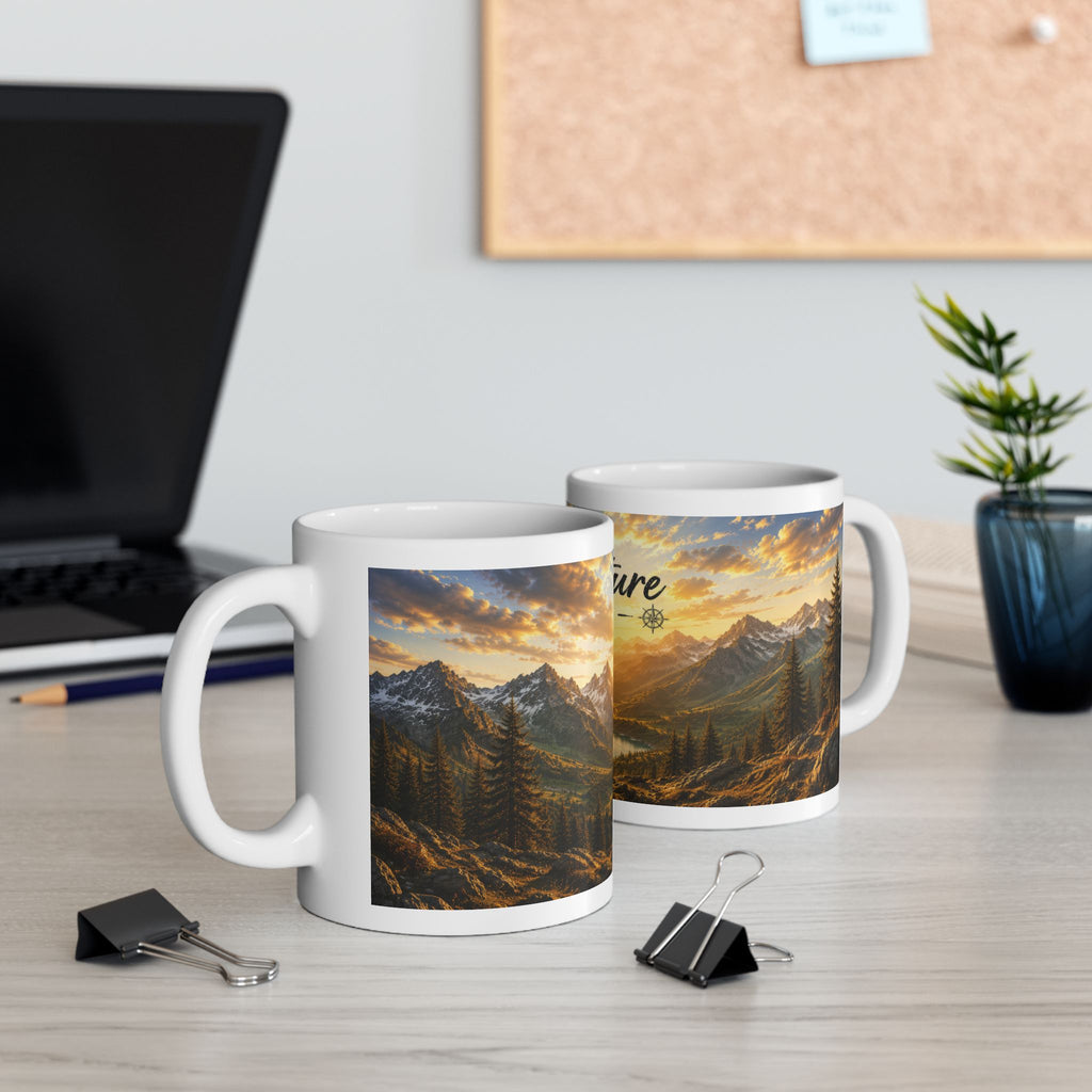 Adventure Ceramic Mug (11oz, 15oz) | Mountain Sunrise Coffee Mug | Planet of Thoughts