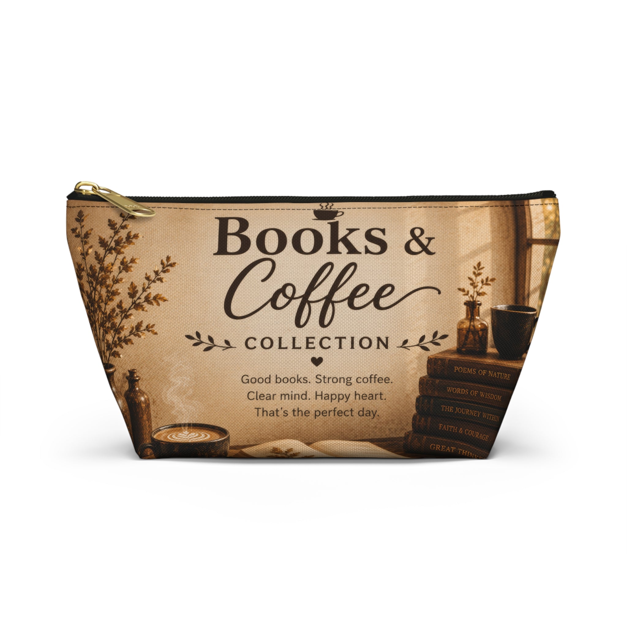 Books & Coffee Accessory Pouch — T-Bottom Makeup Bag for Readers and Coffee Lovers