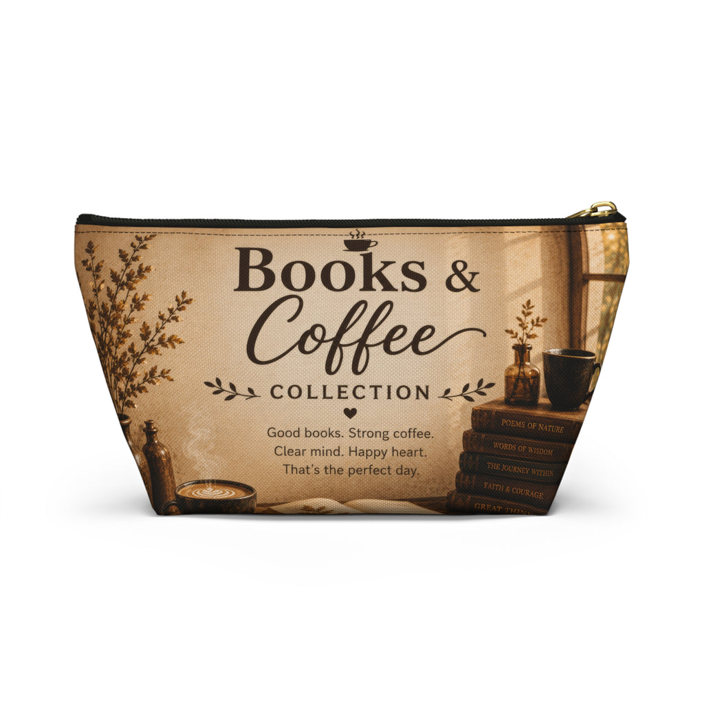 Books & Coffee Accessory Pouch — T-Bottom Makeup Bag for Readers and Coffee Lovers