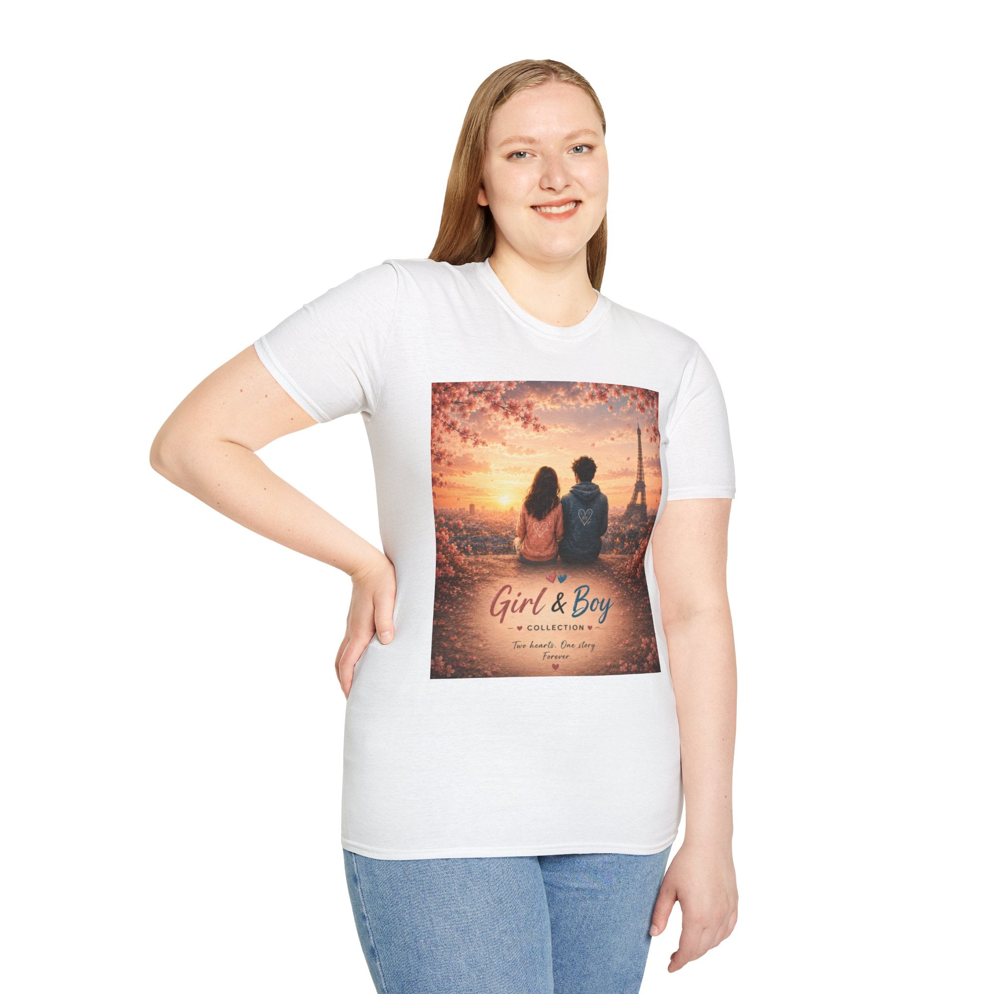 Girl & Boy T-Shirt — Couple in Paris Sunset Eiffel Romance Tee