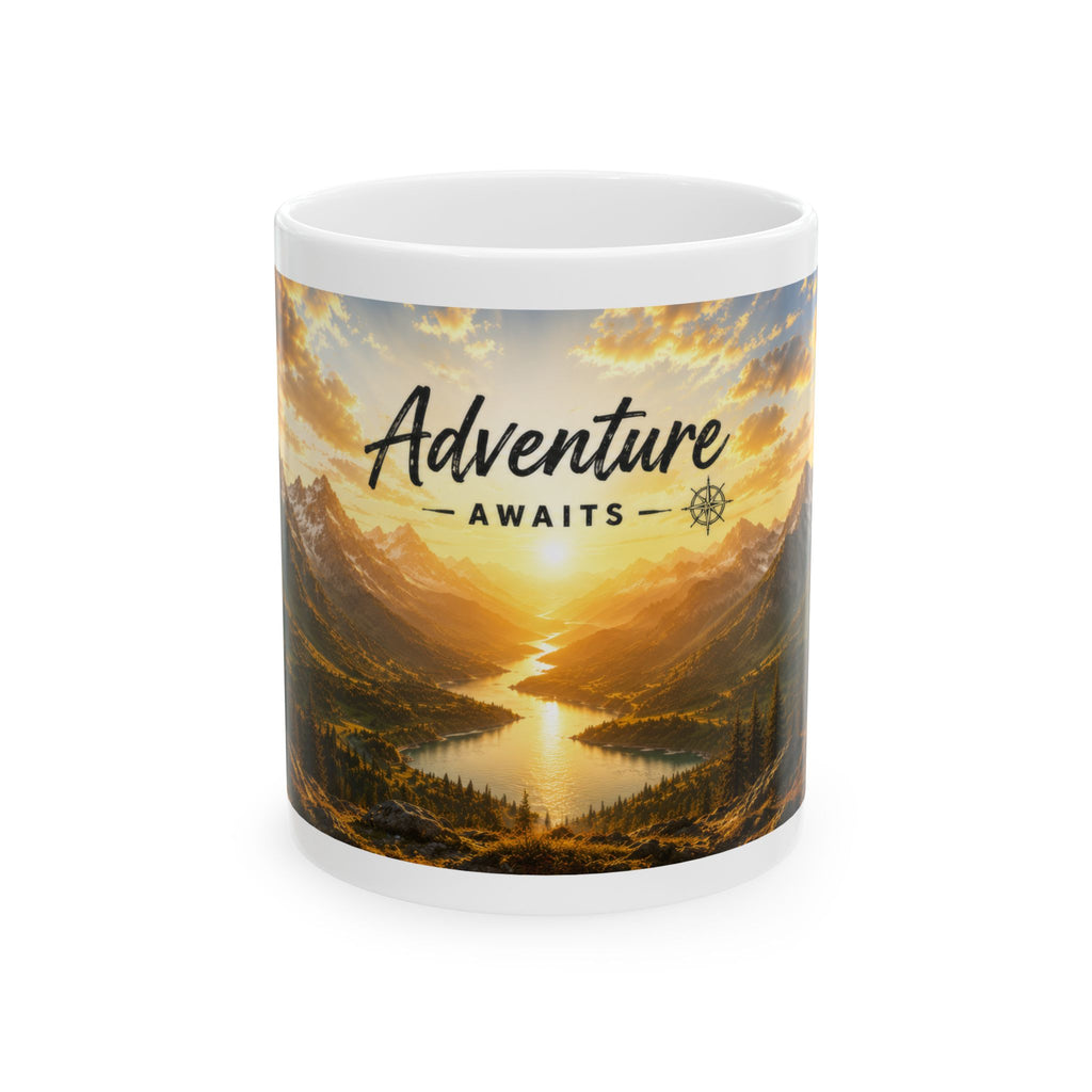 Adventure Ceramic Mug (11oz, 15oz) | Mountain Sunrise Coffee Mug | Planet of Thoughts