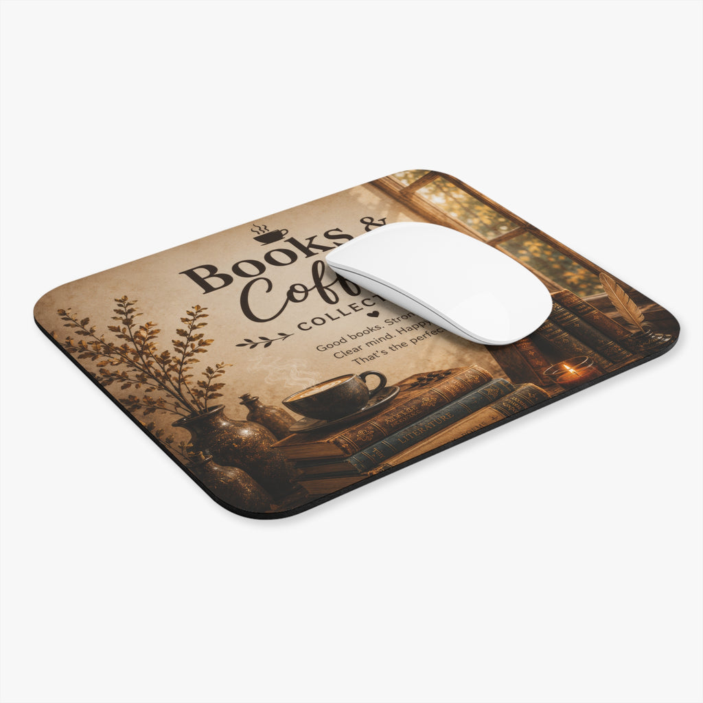 Books & Coffee Mouse Pad – Cozy Vintage Reading Desk Accessory | Planet of Thoughts