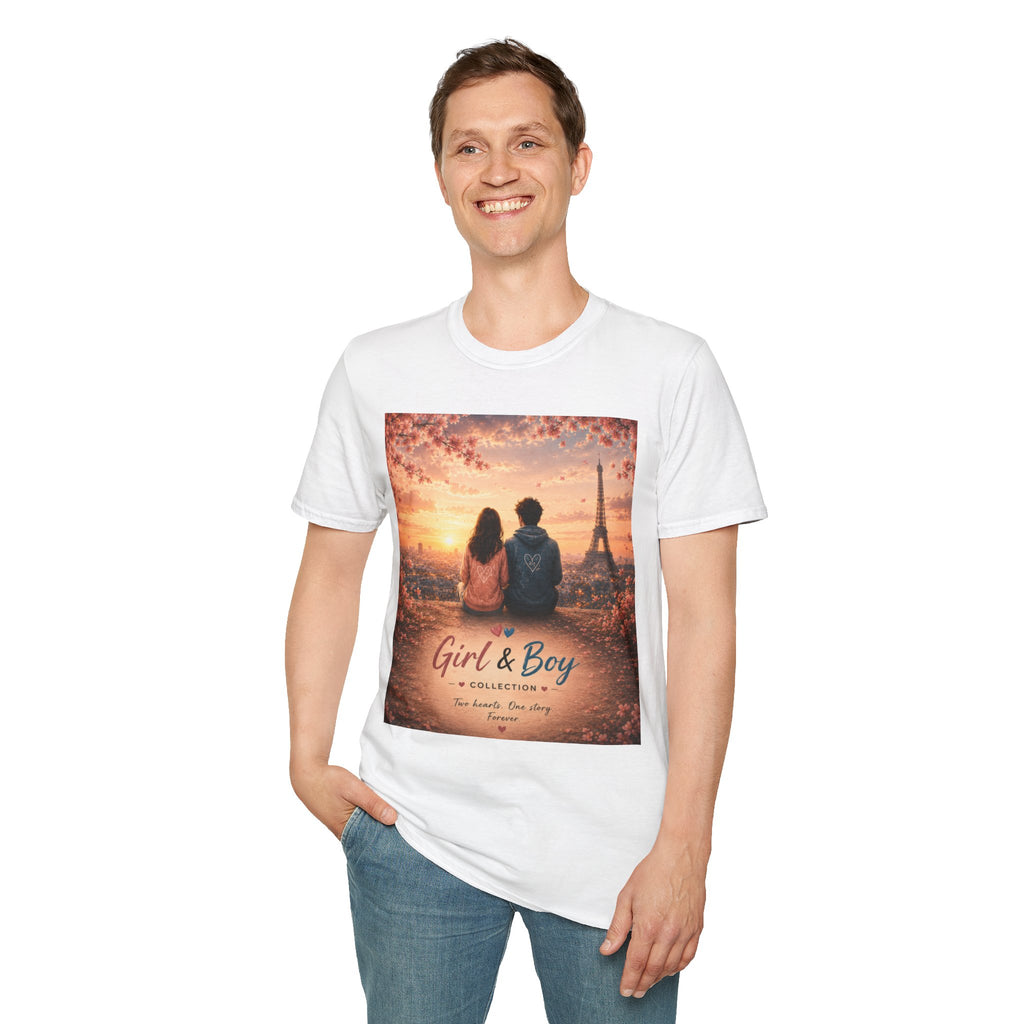 Girl & Boy T-Shirt — Couple in Paris Sunset Eiffel Romance Tee