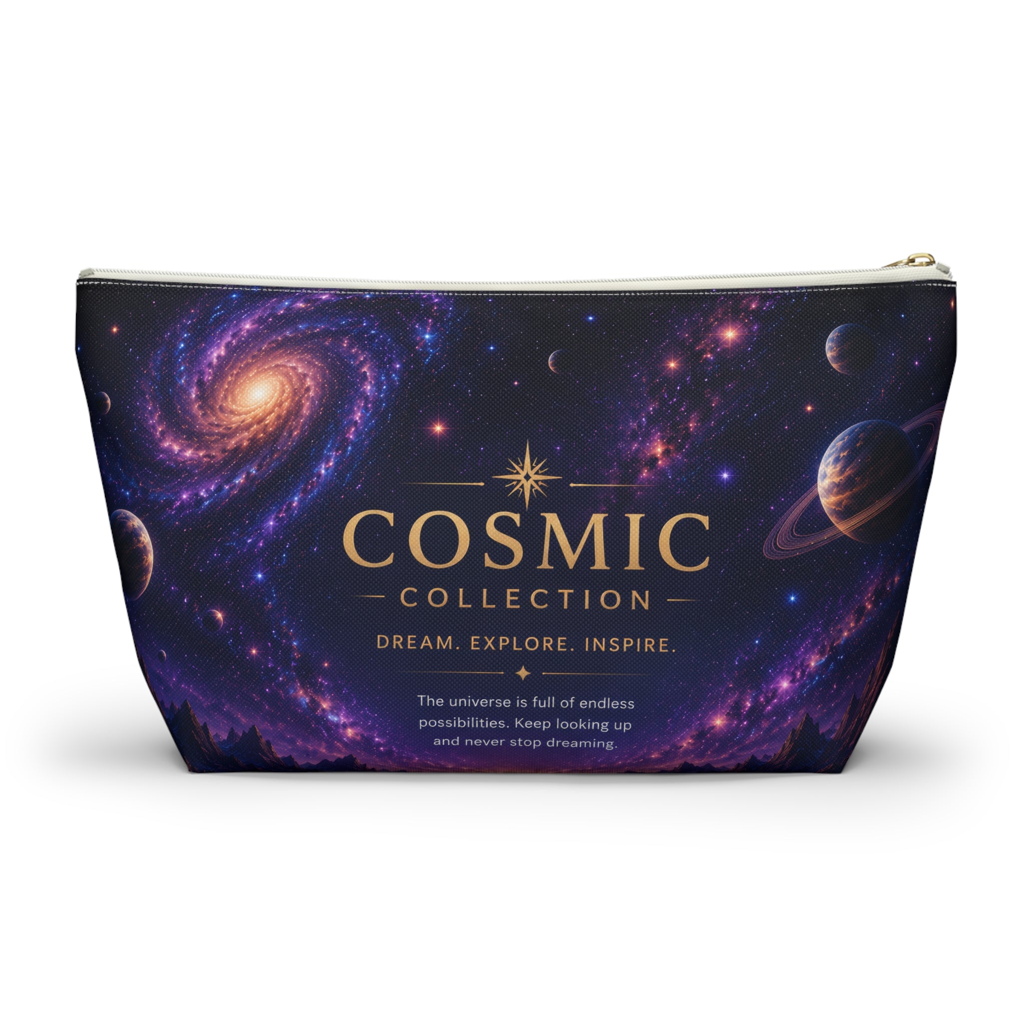 Cosmic Collection Accessory Pouch — Galaxy Print T-Bottom Makeup Bag ("COSMIC" Text)