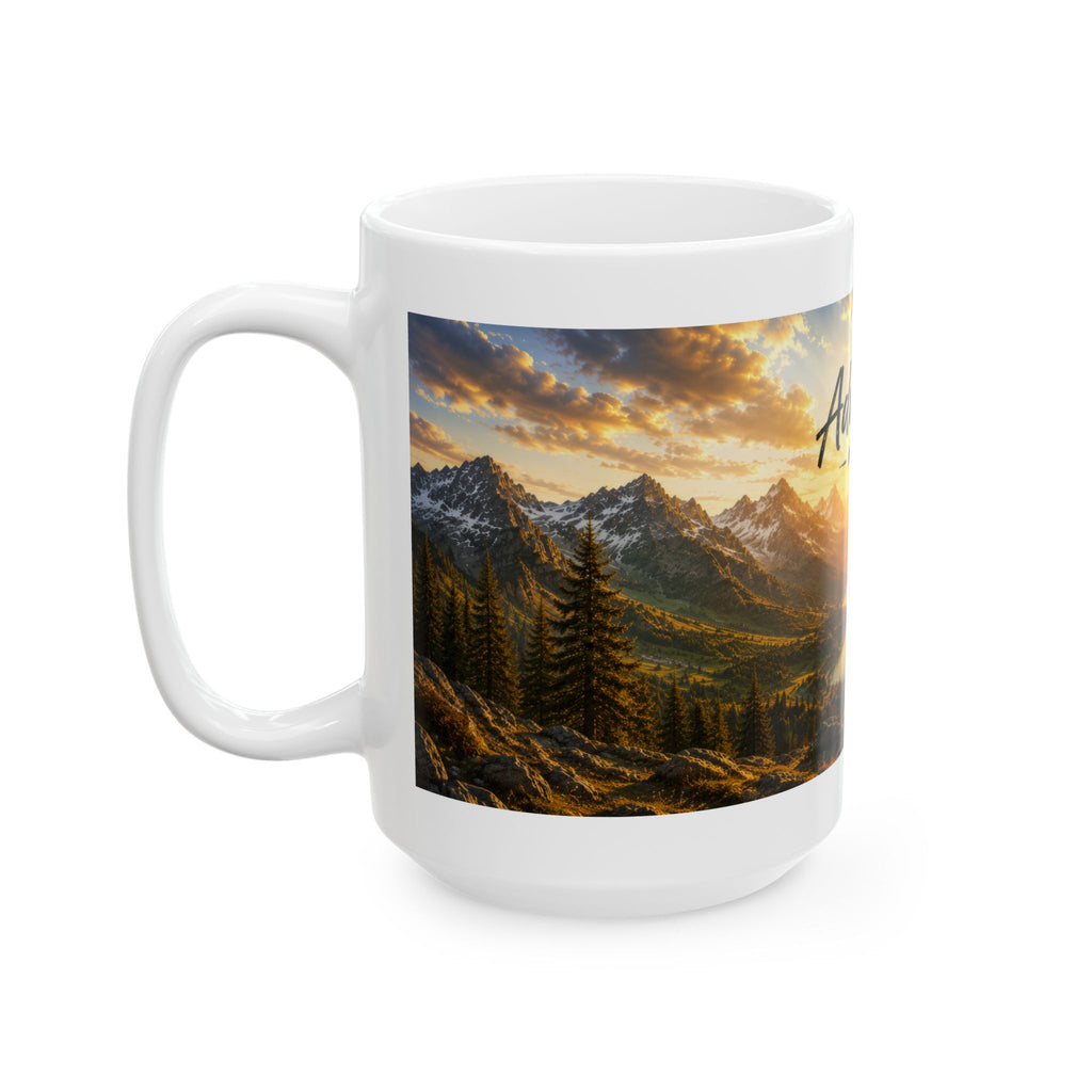 Adventure Ceramic Mug (11oz, 15oz) | Mountain Sunrise Coffee Mug | Planet of Thoughts