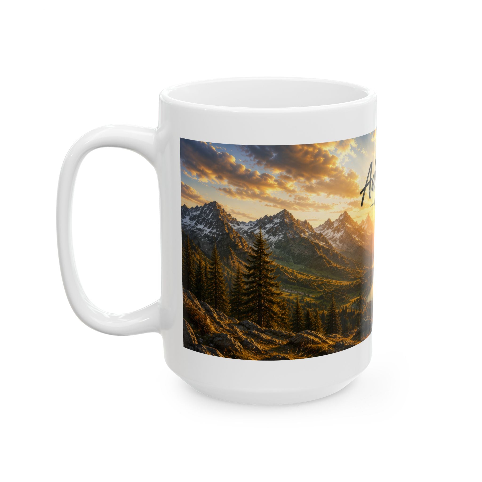 Adventure Ceramic Mug (11oz, 15oz) | Mountain Sunrise Coffee Mug | Planet of Thoughts