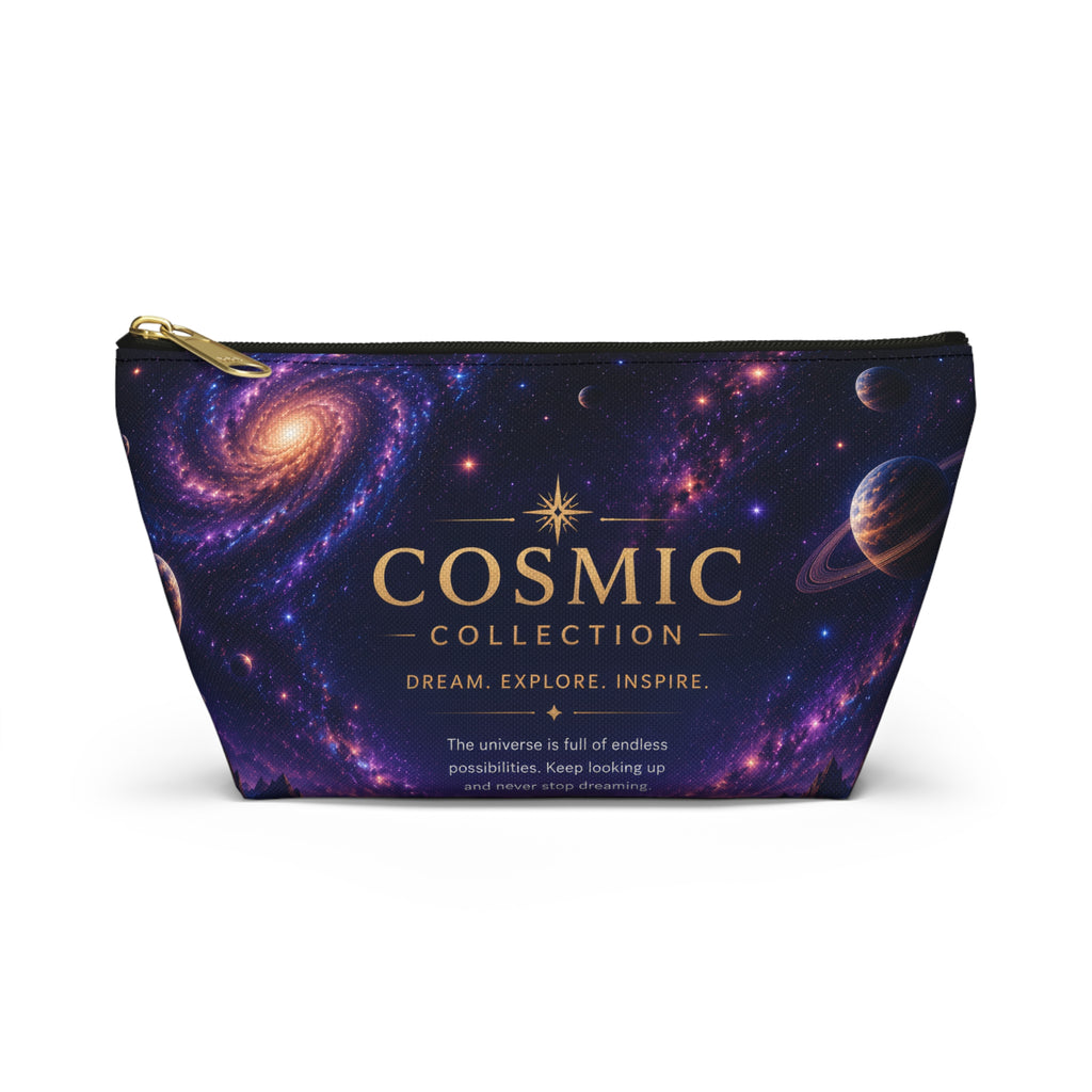 Cosmic Collection Accessory Pouch — Galaxy Print T-Bottom Makeup Bag ("COSMIC" Text)