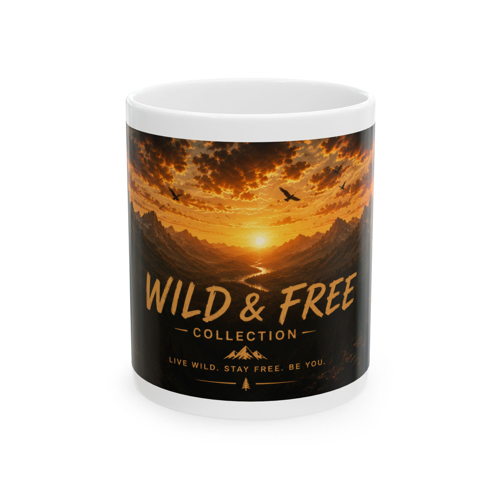 Wild & Free Ceramic Mug (11oz, 15oz) – Sunset Mountain Adventure Coffee Cup | Planet of Thoughts
