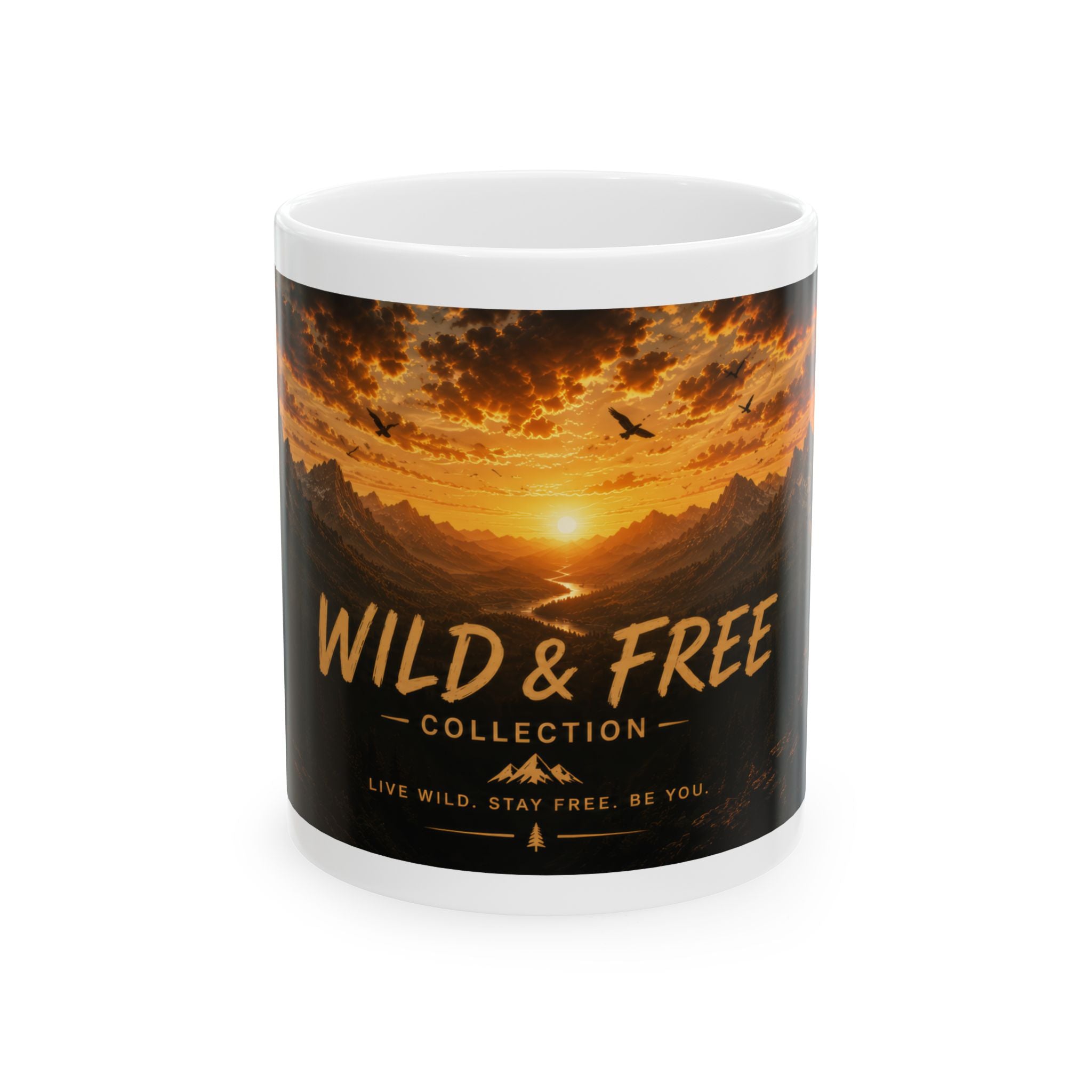 Wild & Free Ceramic Mug (11oz, 15oz) – Sunset Mountain Adventure Coffee Cup | Planet of Thoughts