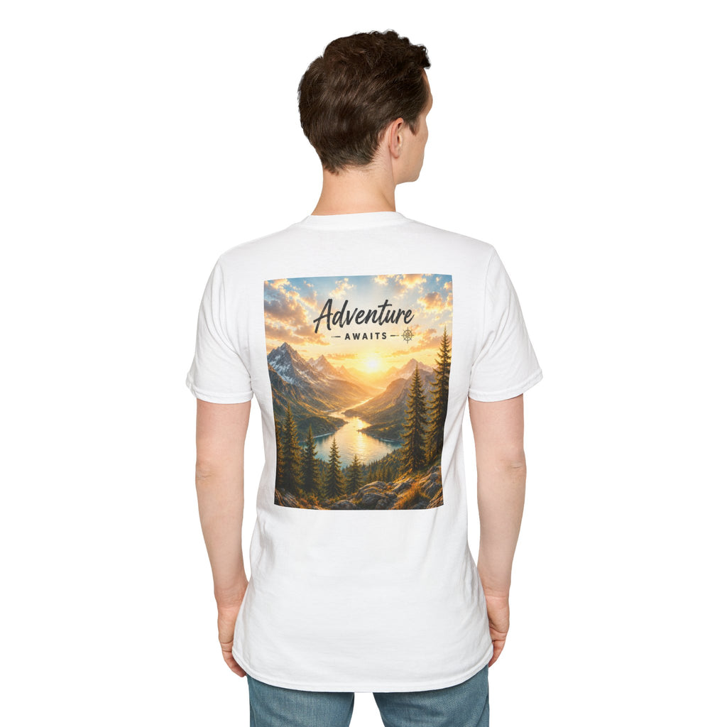 Adventure Awaits T-Shirt — Scenic Mountain Sunset Travel Tee
