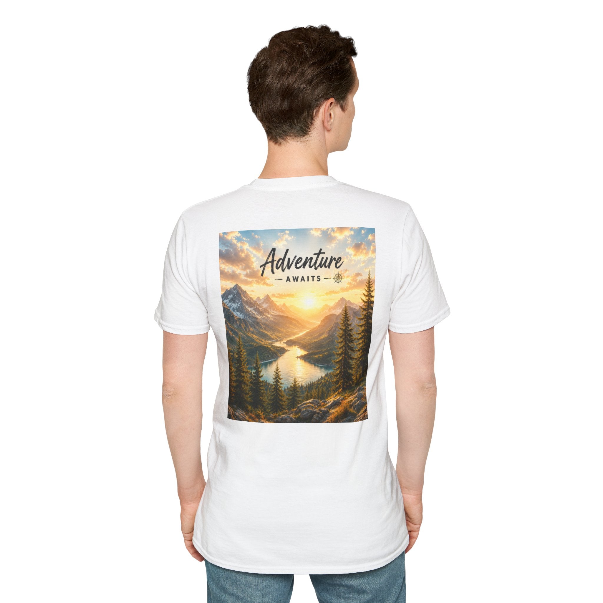 Adventure Awaits T-Shirt — Scenic Mountain Sunset Travel Tee
