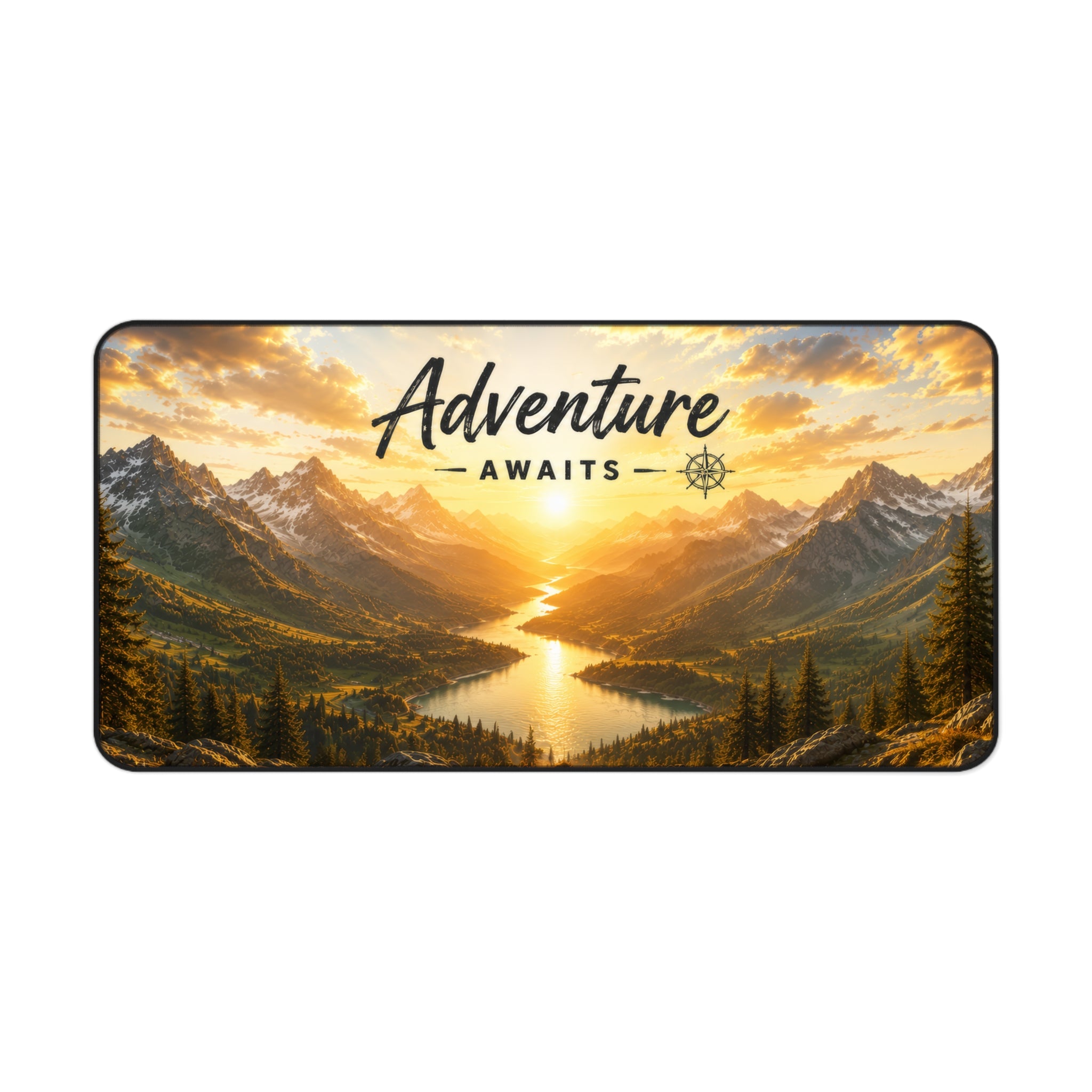 Adventure Awaits Desk Mat – Scenic Sunrise Mountain Mouse Pad | Planet of Thoughts