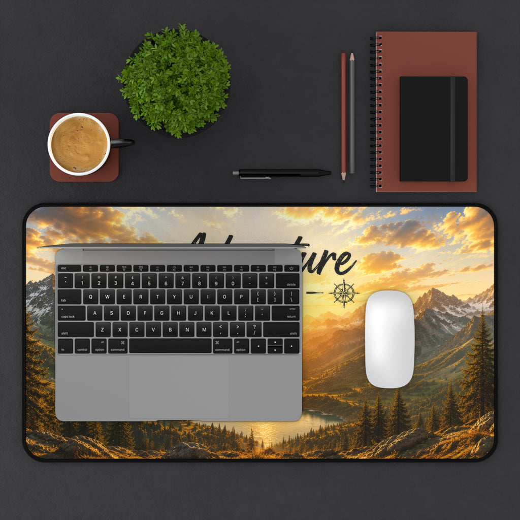 Adventure Awaits Desk Mat – Scenic Sunrise Mountain Mouse Pad | Planet of Thoughts