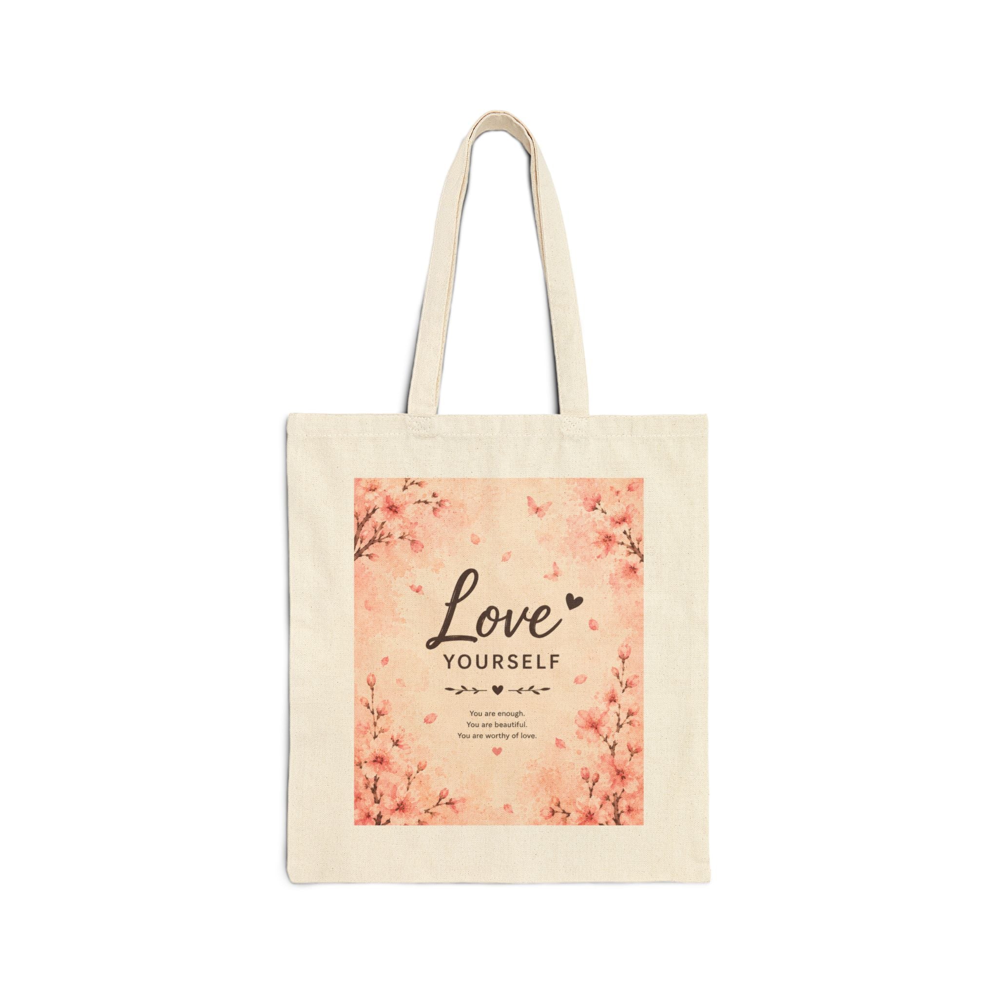 Love Yourself Floral Tote Bag – Self-Care Canvas Shopping Tote
