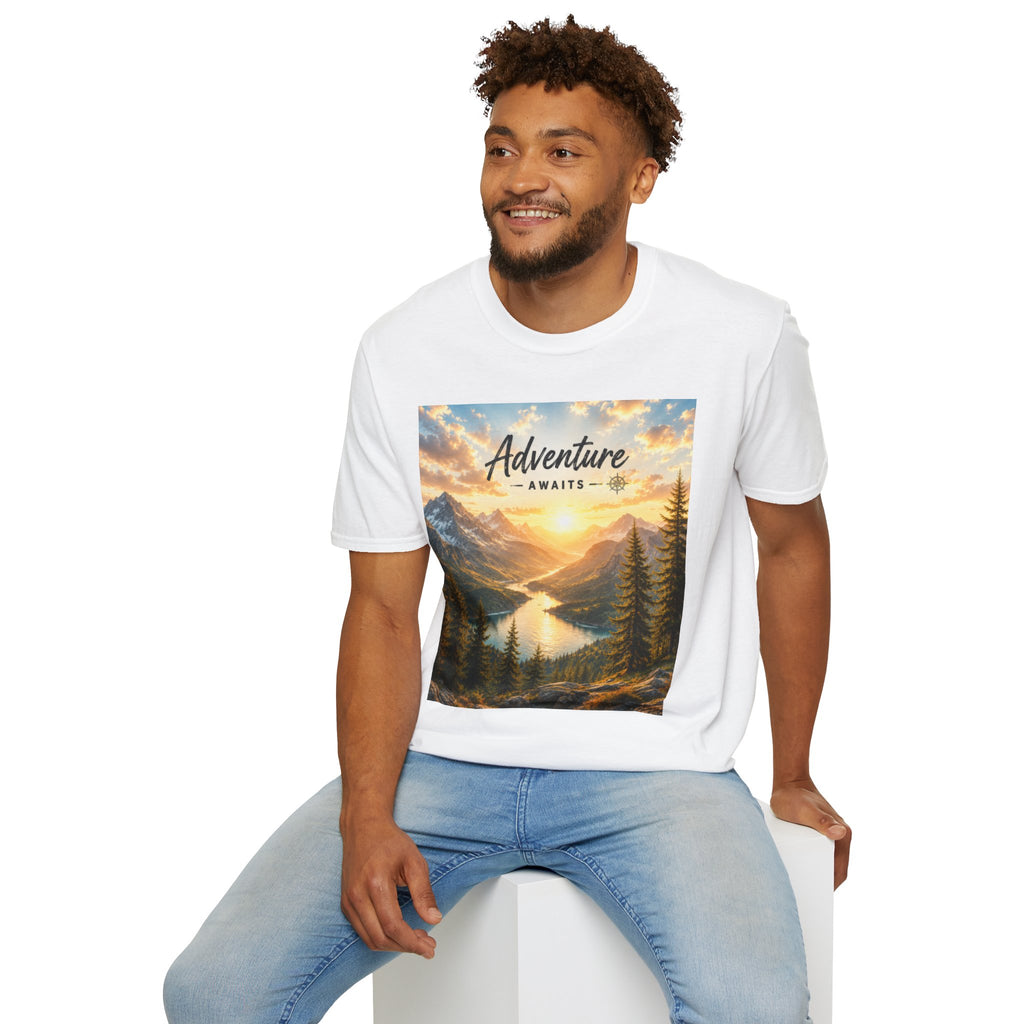 Adventure Awaits T-Shirt — Scenic Mountain Sunset Travel Tee