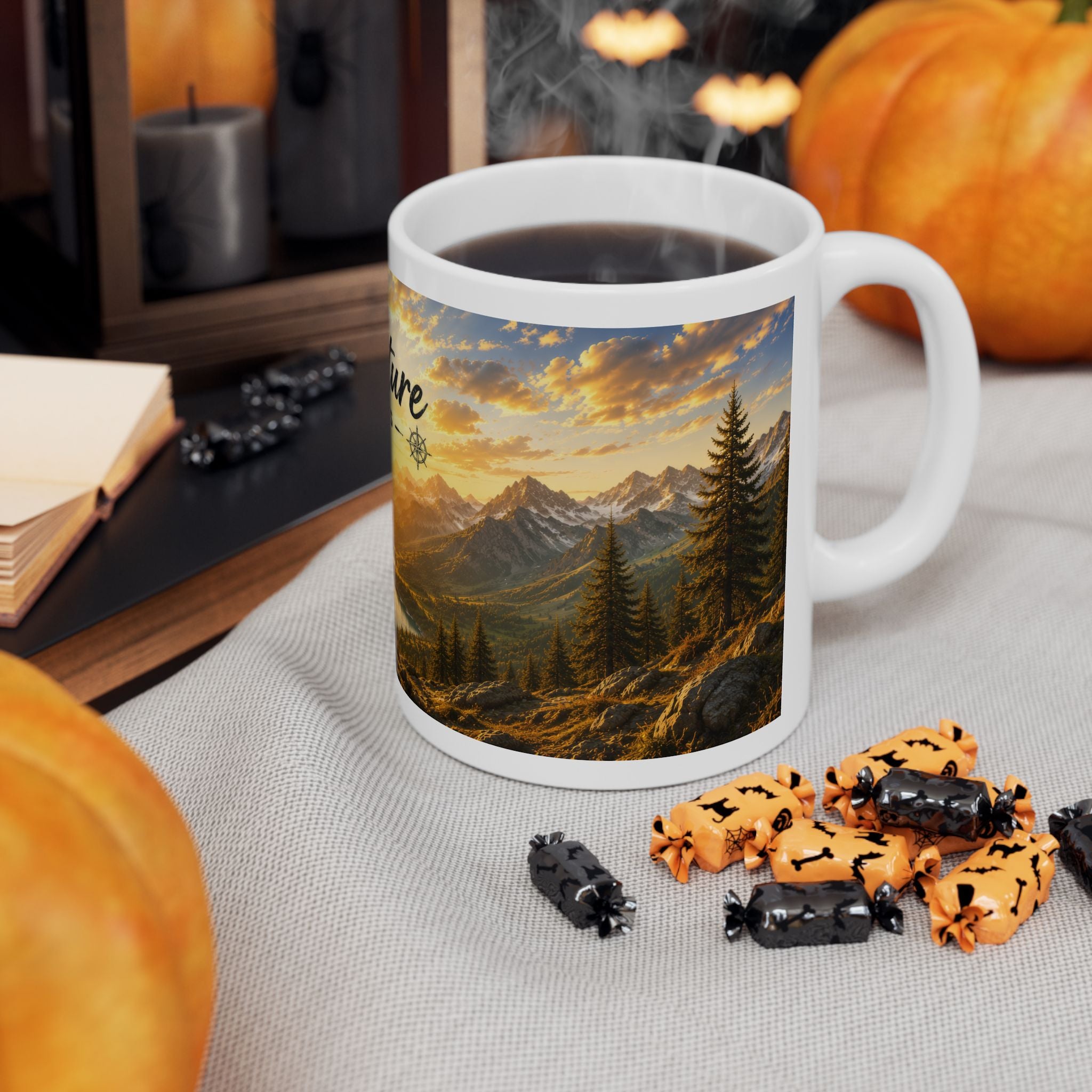 Adventure Ceramic Mug (11oz, 15oz) | Mountain Sunrise Coffee Mug | Planet of Thoughts