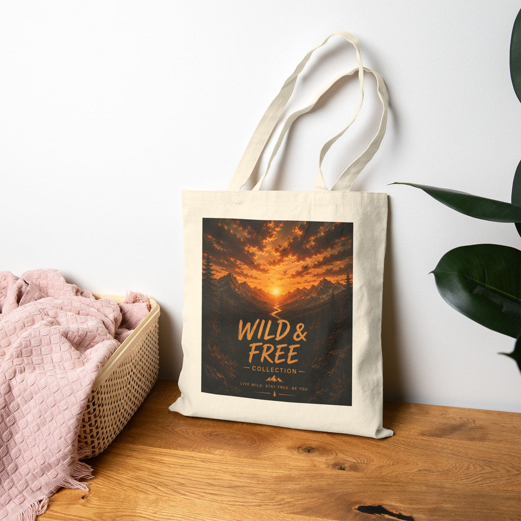 Wild & Free Sunset Mountain Canvas Tote Bag (Adventure Travel Eco Bag)