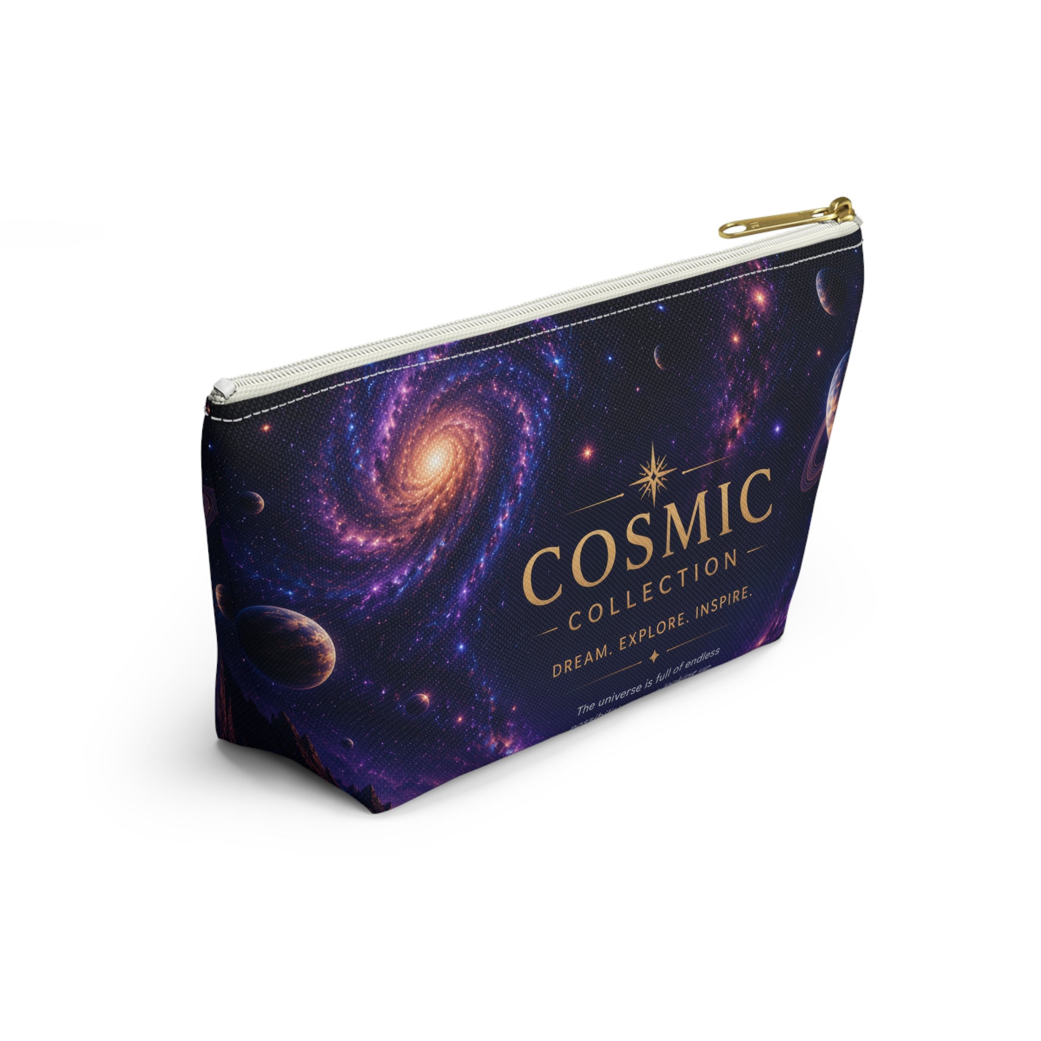 Cosmic Collection Accessory Pouch — Galaxy Print T-Bottom Makeup Bag ("COSMIC" Text)