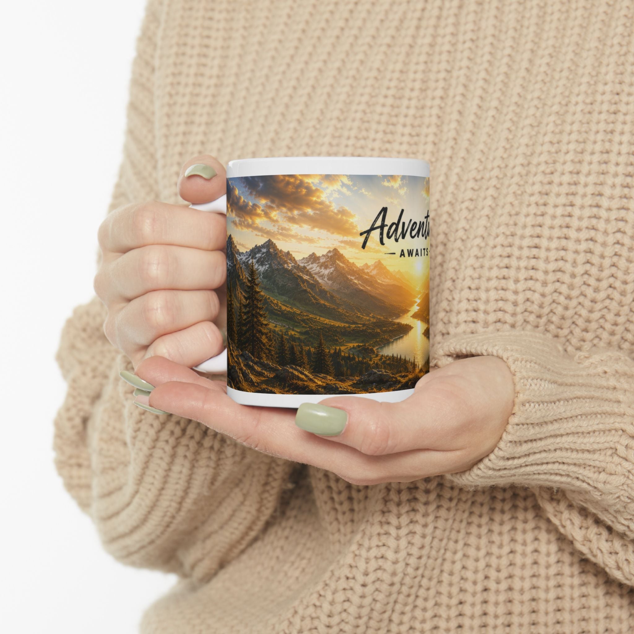 Adventure Ceramic Mug (11oz, 15oz) | Mountain Sunrise Coffee Mug | Planet of Thoughts
