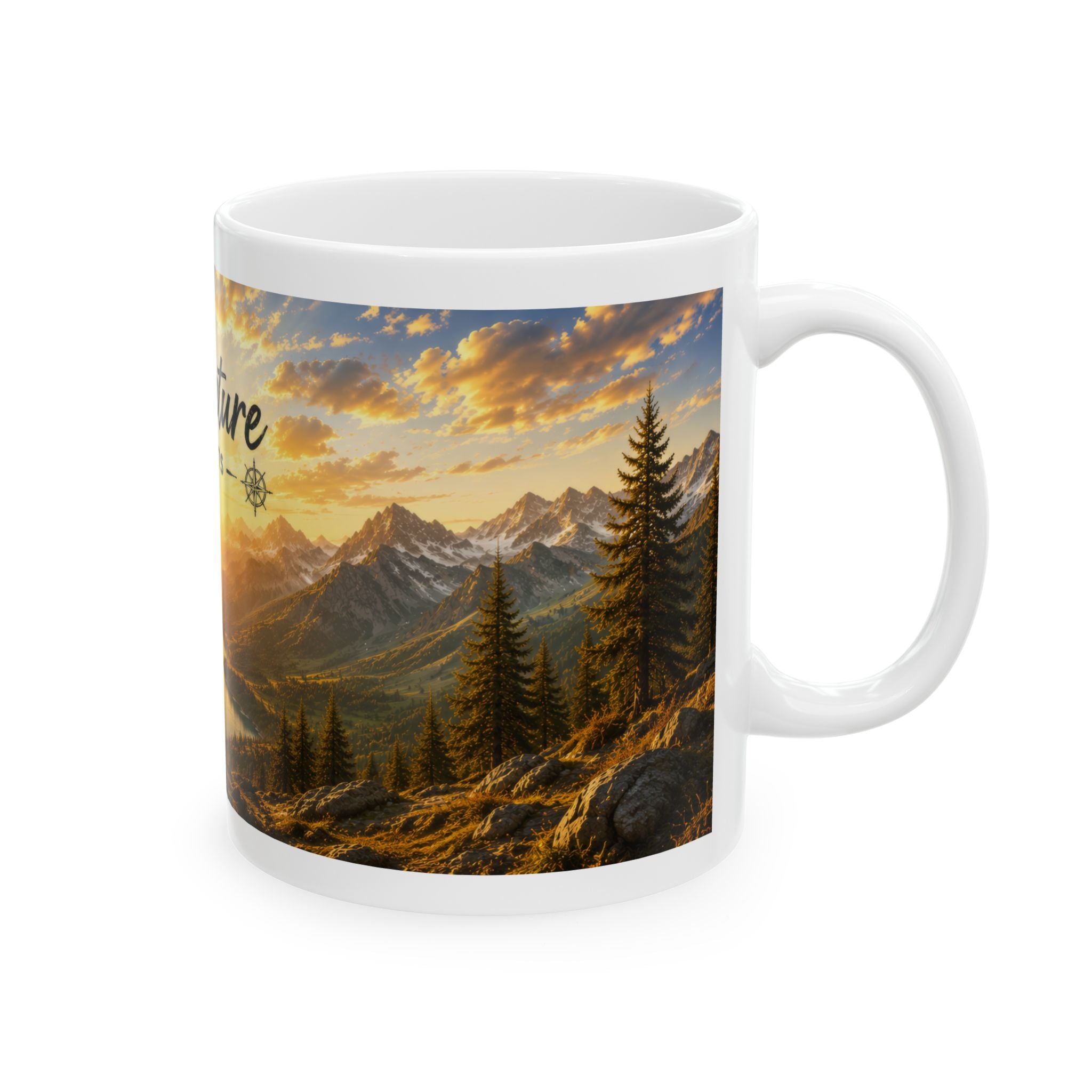 Adventure Ceramic Mug (11oz, 15oz) | Mountain Sunrise Coffee Mug | Planet of Thoughts