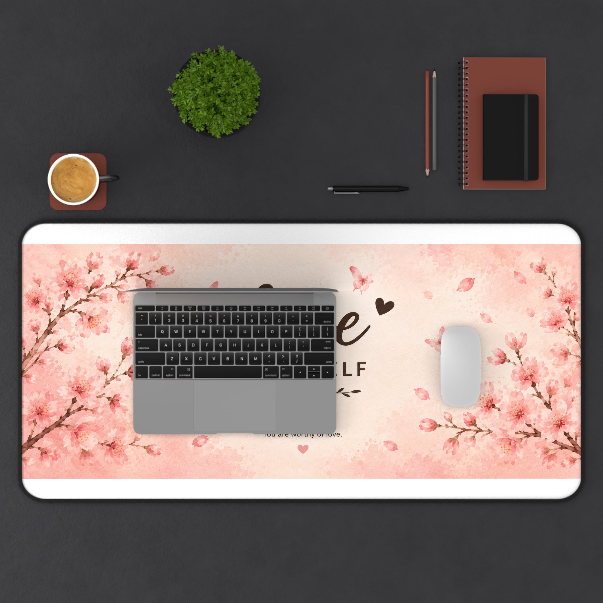 Love Yourself Pink Cherry Blossom Desk Mat — Motivational Large Mouse Pad
